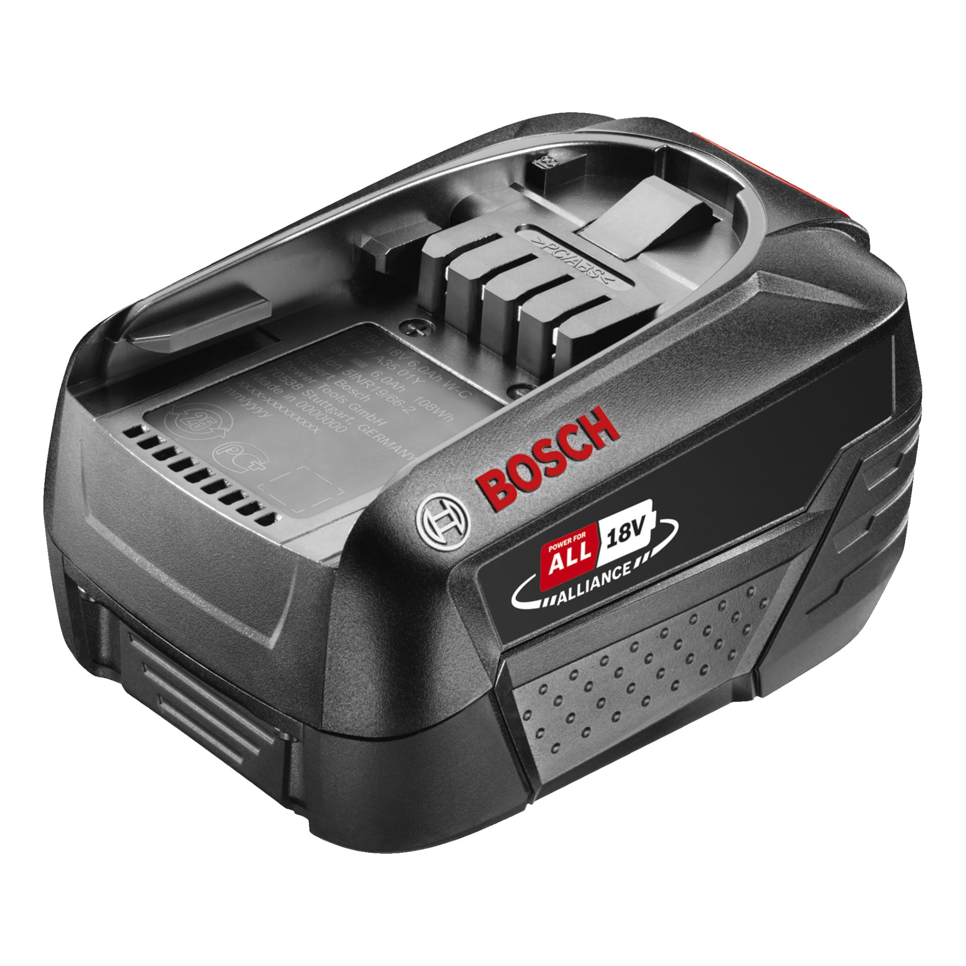 bateria Bosch Power 4 All Battery PBA 18V lithium-ion rechargeable rechargeable z czerwonym logo Bosch i etykietą z napisem "ALL 18V ALLIANCE." Posiada odsłonięte styki ładowania i teksturowane boki zaprojektowane dla lepszej przyczepności.