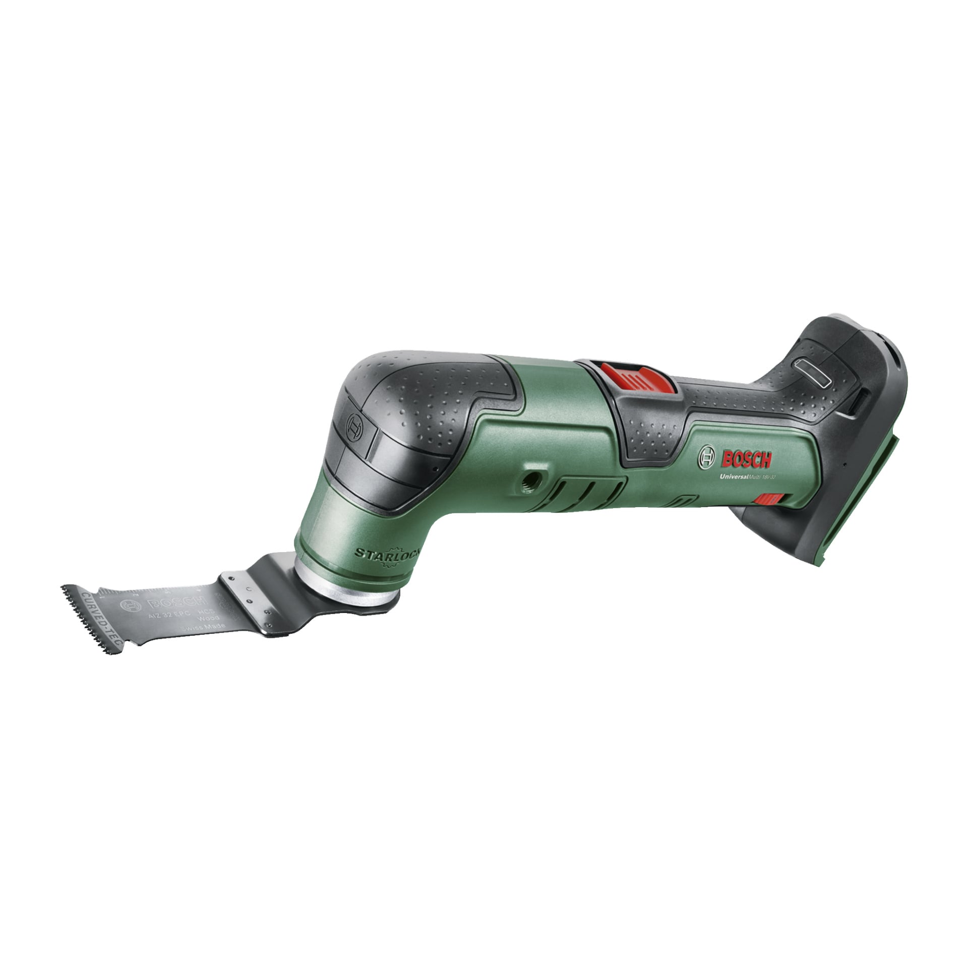 Et grønt og svart Bosch Power 4 All UniversalMulti 18V-32 trådløst oscillerende multifunksjonsverktøy med bladfeste og Bosch-logoen tydelig synlig.