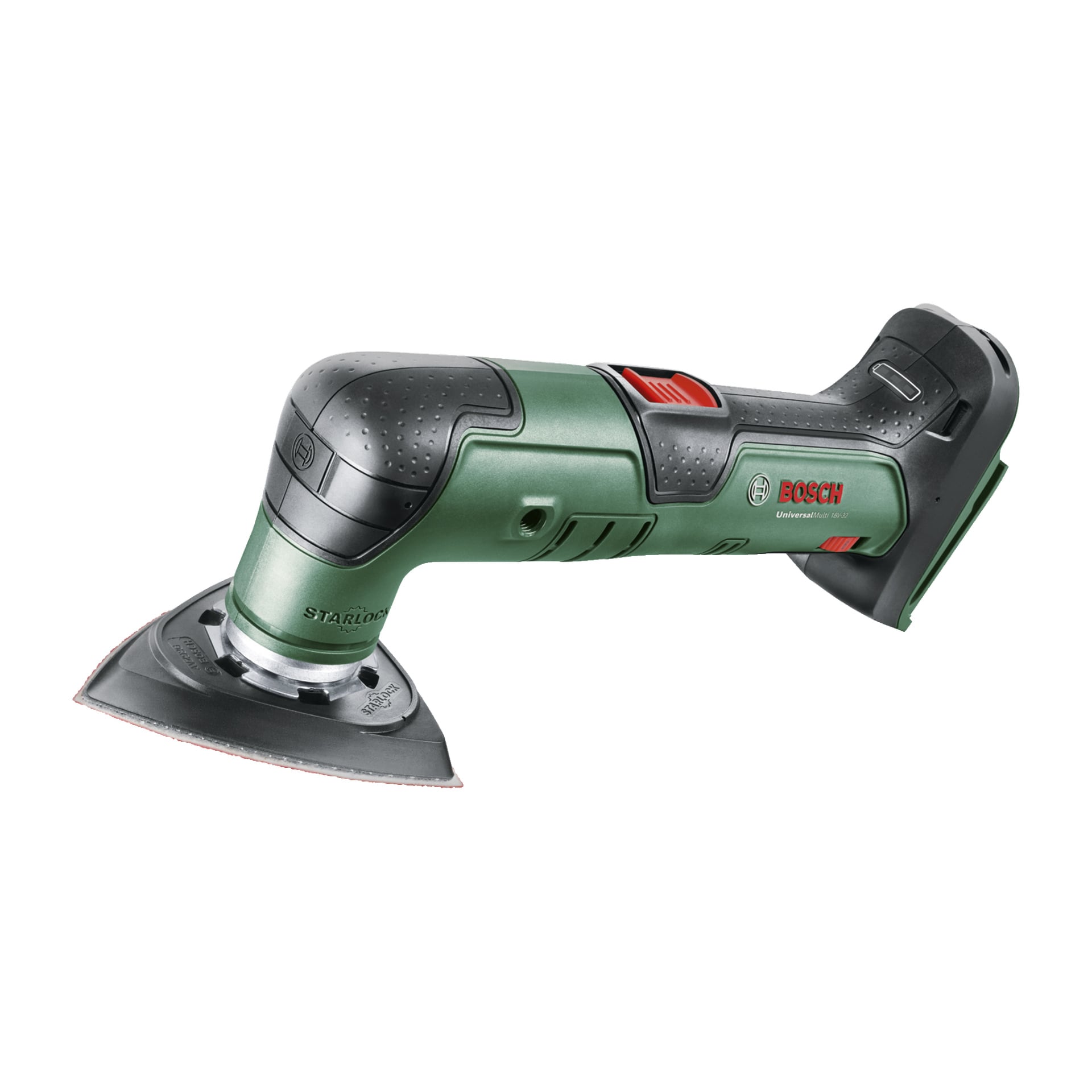 En Bosch Power 4 All UniversalMulti 18V-32 trådløs multiverktøy, med grønt og svart design med en trekantet slipepute i enden, teksturerte håndtak, røde kontrollknapper og en tydelig Bosch-logo langs siden.