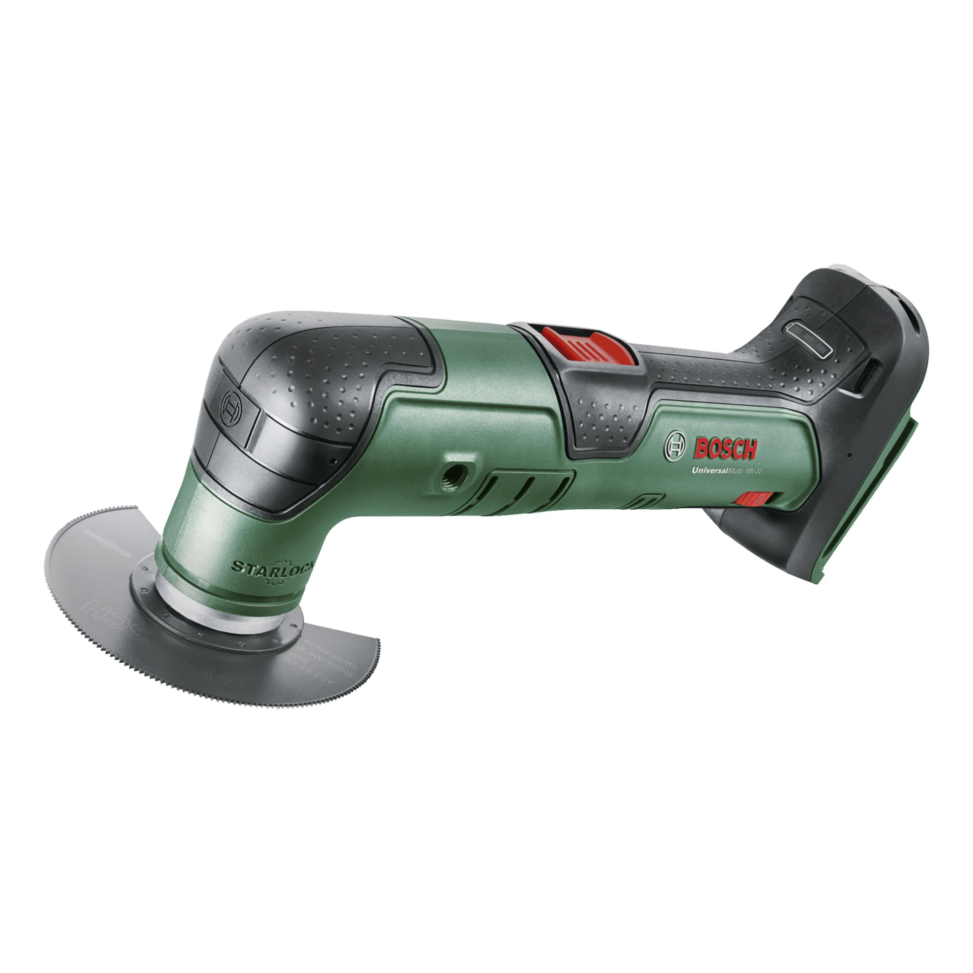Et grønt og svart Bosch Power 4 All UniversalMulti 18V-32 ledningsløst oscillerende verktøy med rundsagblad, rød bryter og gummibelagt grep.