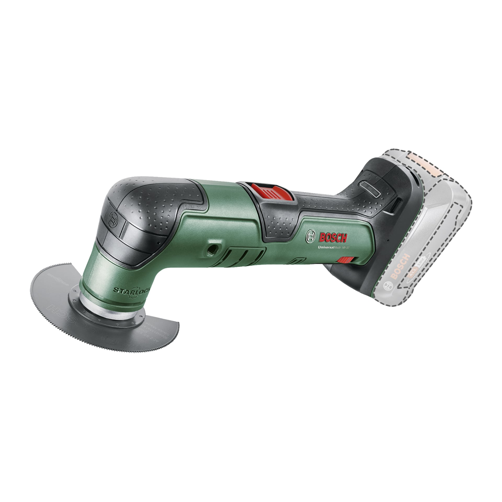 Et grønt Bosch Power 4 All UniversalMulti 18V-32 trådløst oscillerende multiverktøy vises med et sirkelsagblad montert og batteriet mangler. Området for batteriet er markert med en prikket omriss for å vise hvor det passer.