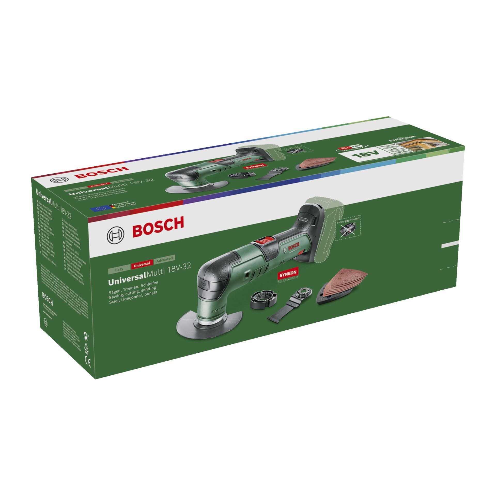 En grønn Bosch Power 4 All UniversalMulti 18V-32 multifunksjons verktøyboks vises. Emballasjen fremhever det trådløse verktøyet, dets tilbehør, slipeputer og detaljert produktinformasjon med Bosch-logo på en grønn bakgrunn.
