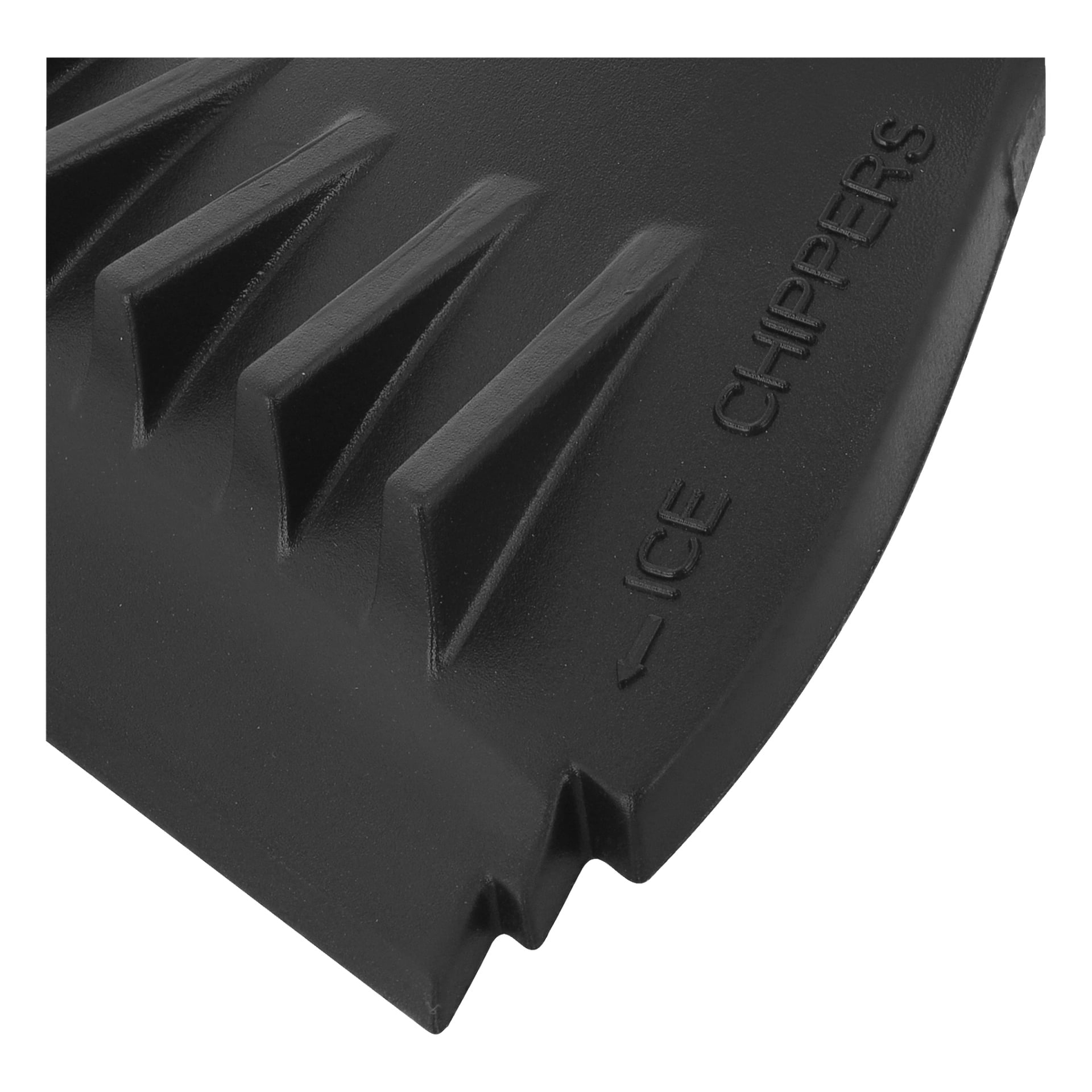 Nahaufnahme eines schwarzen Plastikobjekts mit gezackten Kanten und strukturierten Rillen. "Hamron Ice Scraper" ist auf der Oberfläche geprägt, begleitet von einem Pfeil, der auf die gezackte Kante hinweist.
