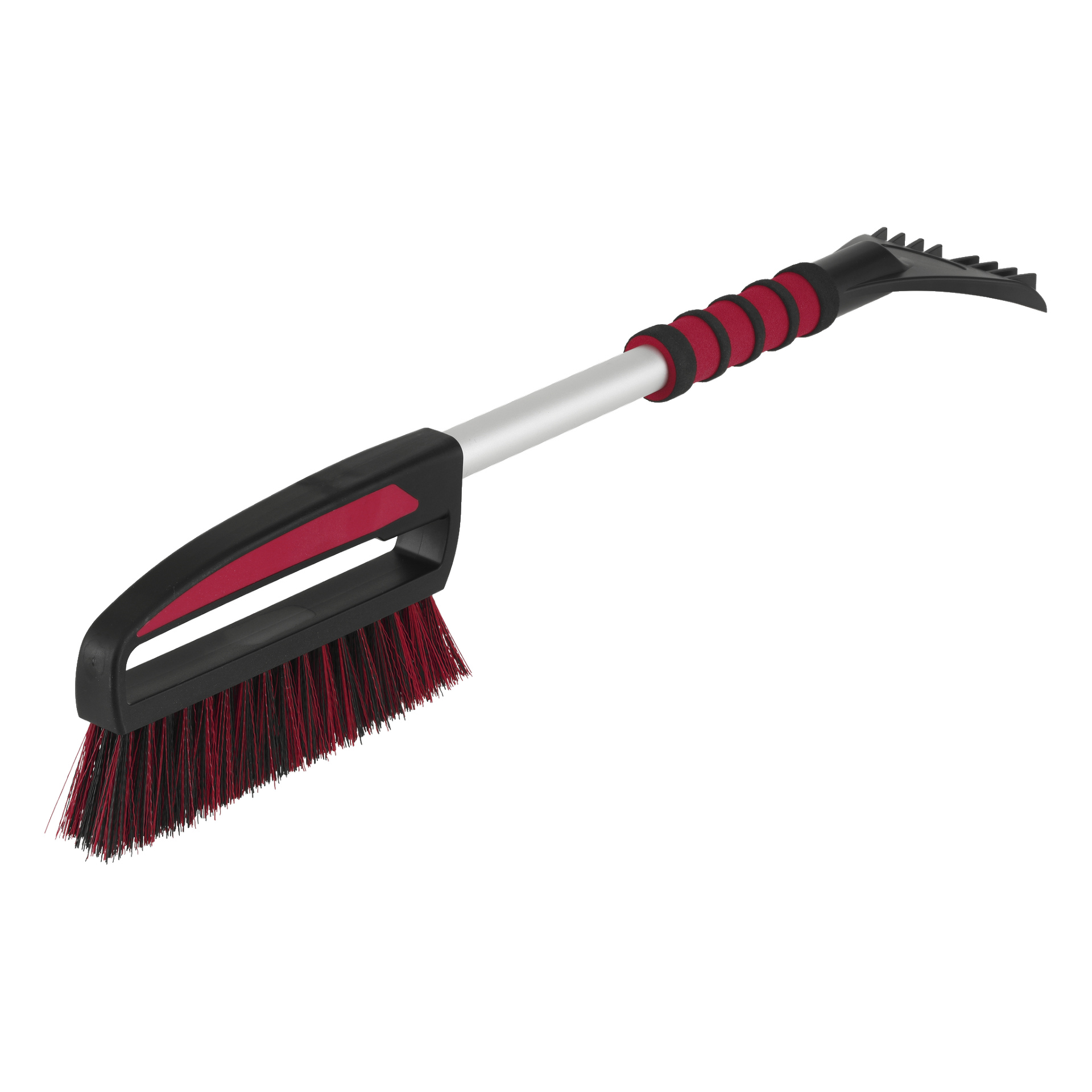 Hamron Snow Brush mit Ice Scraper hat einen silbernen Griff, einen rot-schwarzen Griff, einen schwarzen Kunststoff-Eiskratzer sowie rot-schwarze Borsten – konzipiert, um Schnee und Eis von Autos leicht zu entfernen.