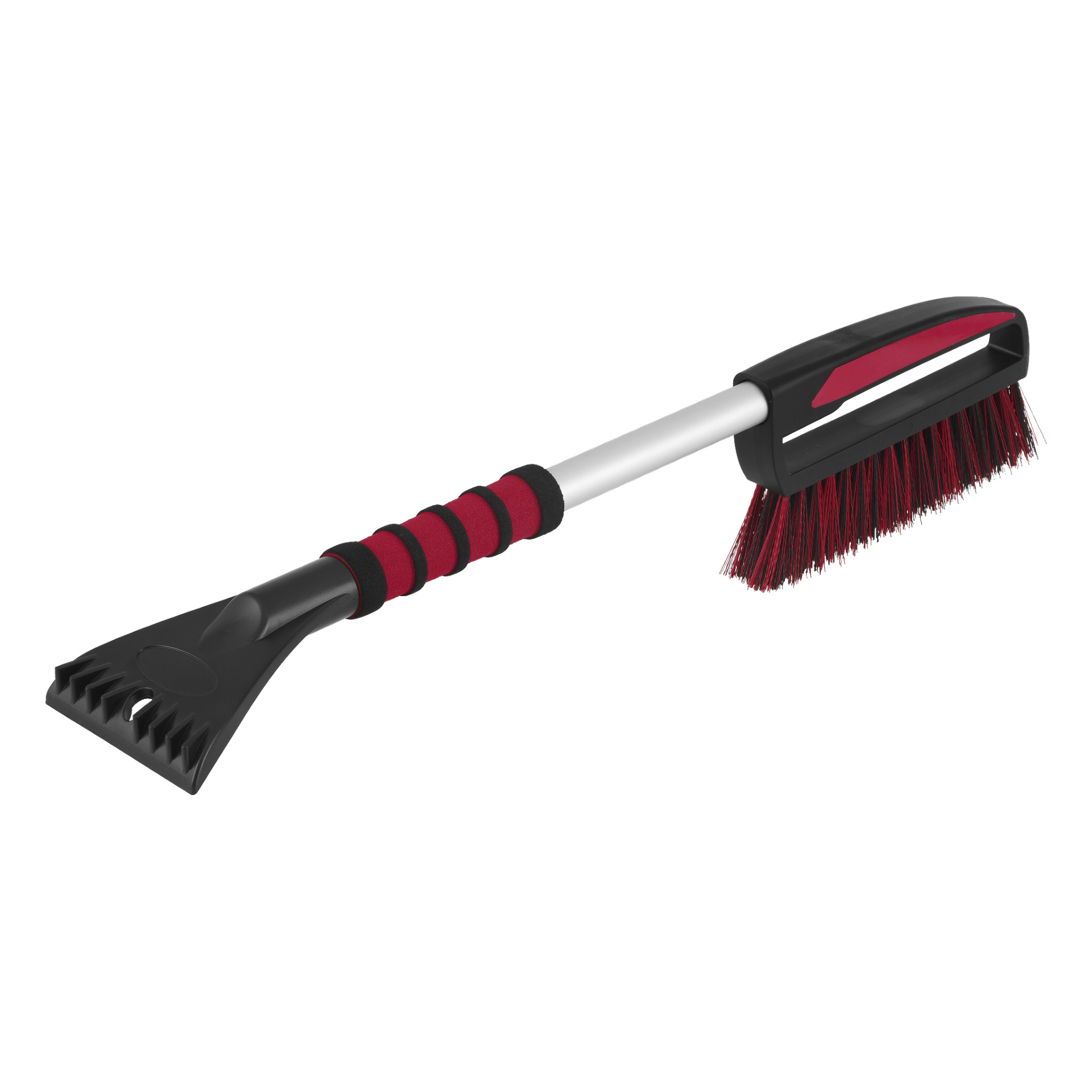Der Hamron Schneebürsten mit Eisschabern hat ein schlankes schwarz-rotes Farbschema, einen silbernen Griff, Borsten am einen Ende zum Schneebürsten, am anderen Ende einen Eiskratzer und einen weichen Schaumstoffgriff für Komfort.