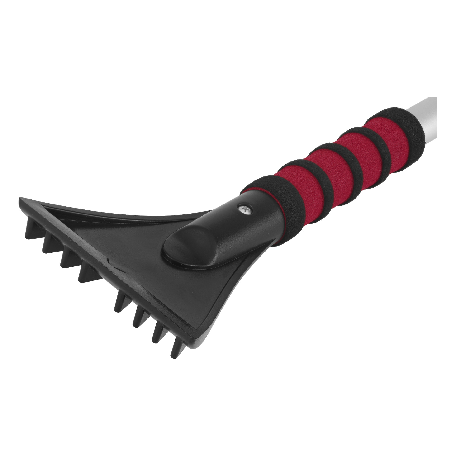Eine detaillierte Ansicht der Hamron Snow Brush mit Eisschürfer, die seine schwarze Kunststoffklinge mit einer gezahnten Seite und einer flachen Kante sowie einen rot-schwarzen gepolsterten Griff zeigt, der das Eis aus den Autofenstern leicht entfernen lässt.