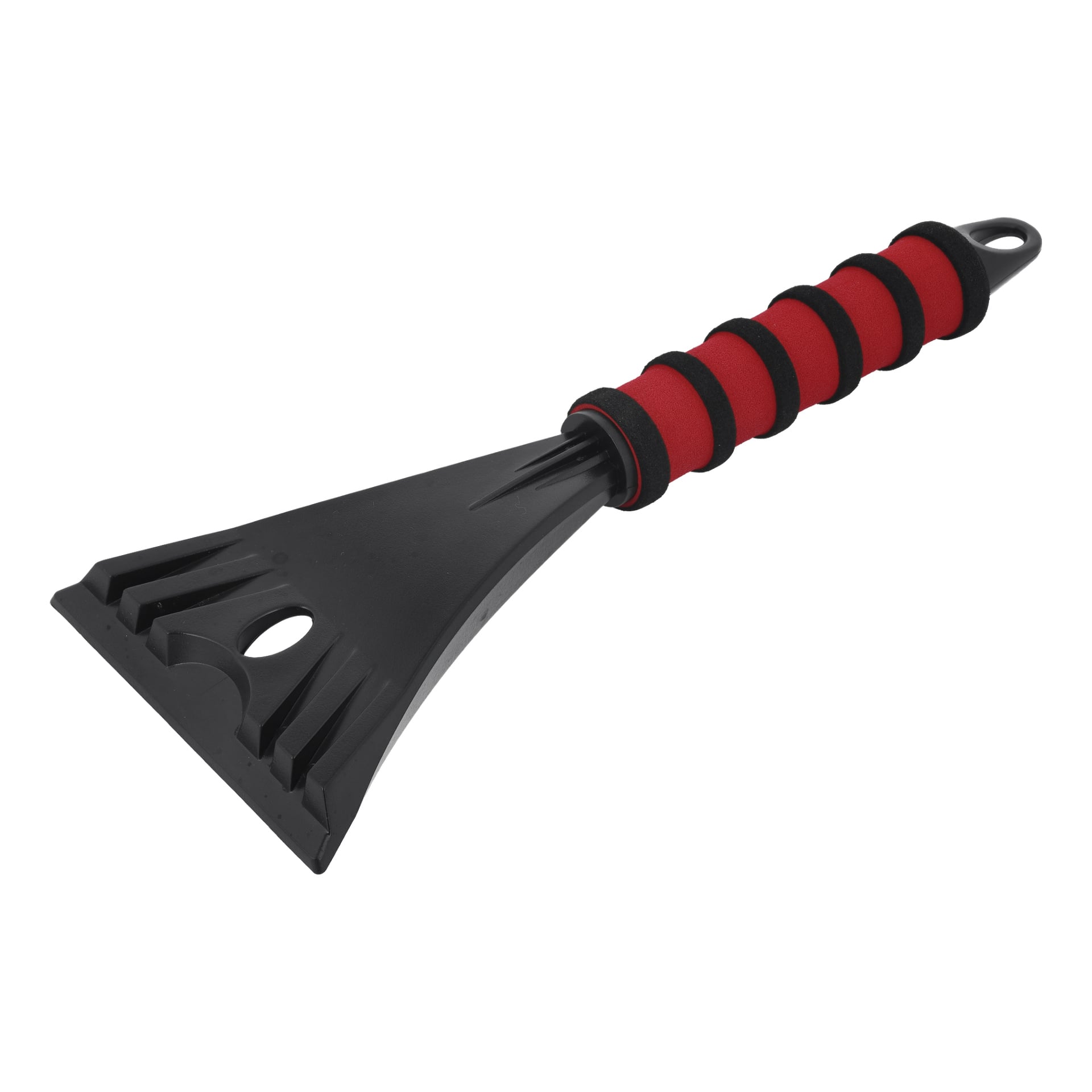 En svart plast Hamron Ice Scraper med et bredt blad og et håndtak dekket av rødt og svart skum, laget for å fjerne is fra bilvinduene.