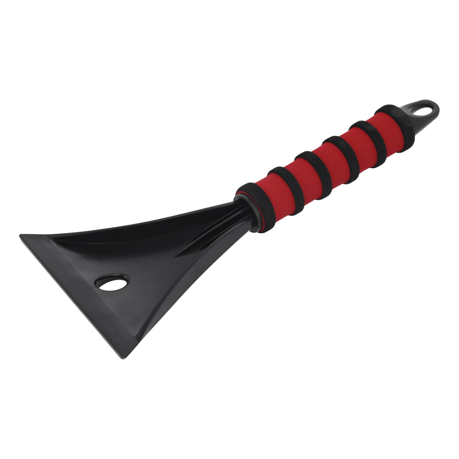 Hamron Ice Scraper har et bredt, flatt blad og et rødt og svart skumdekket håndtak, laget for raskt å fjerne is fra bilvinduene.