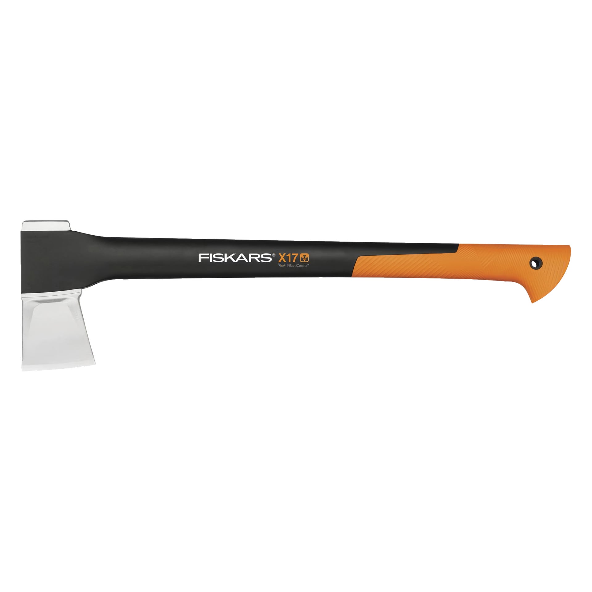 En Fiskars Splitting-øks X17 med sølvblad, svart skaft og oransje grep vises horisontalt. Håndtaket viser teksten "X17" og "Fiskars".