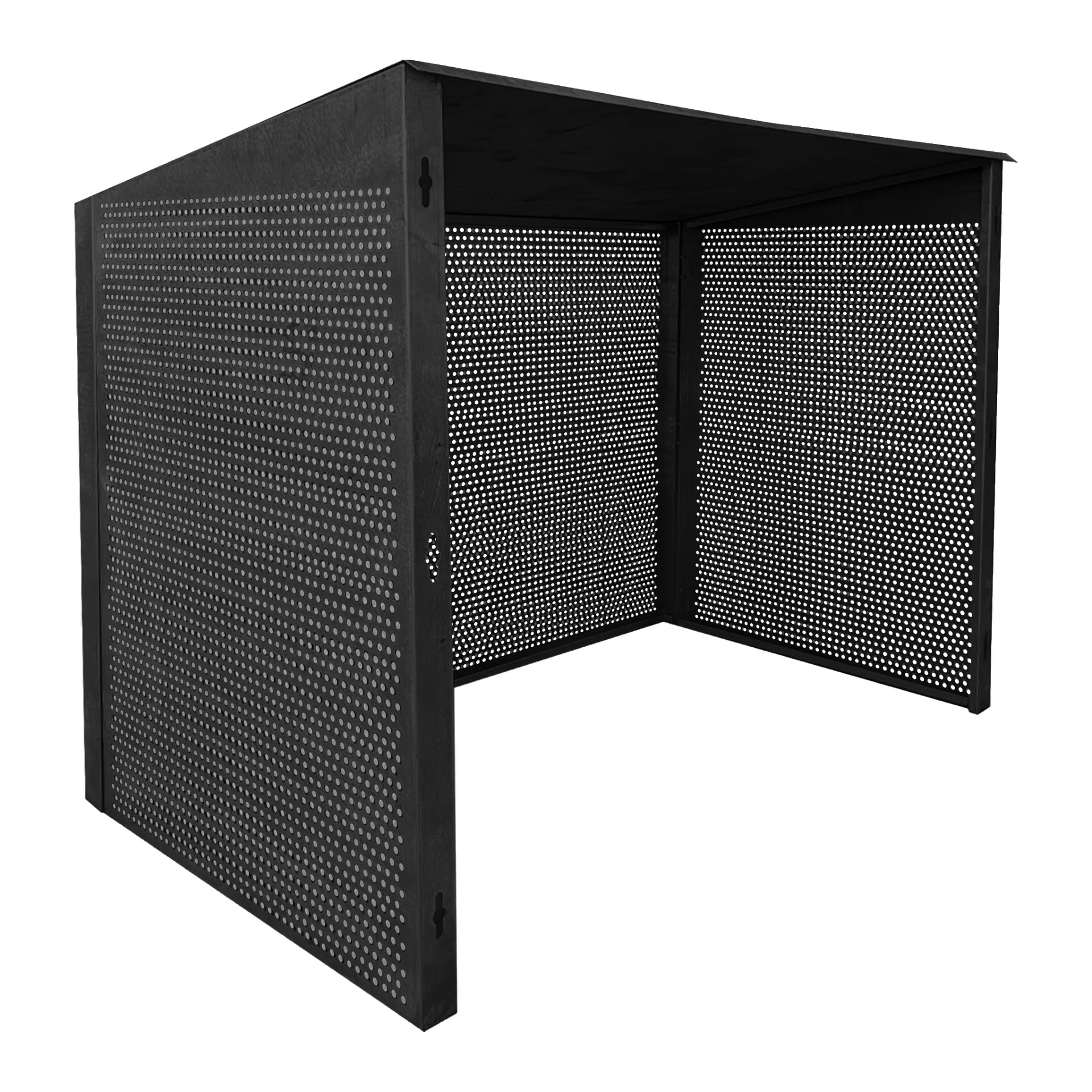 Anslut luftvarmepumpedekselet er et svart metallkabinett med tre sider, med et rutenett av små, jevnt fordelte perforeringer på side- og bakpanelene og en glatt, solid topp.