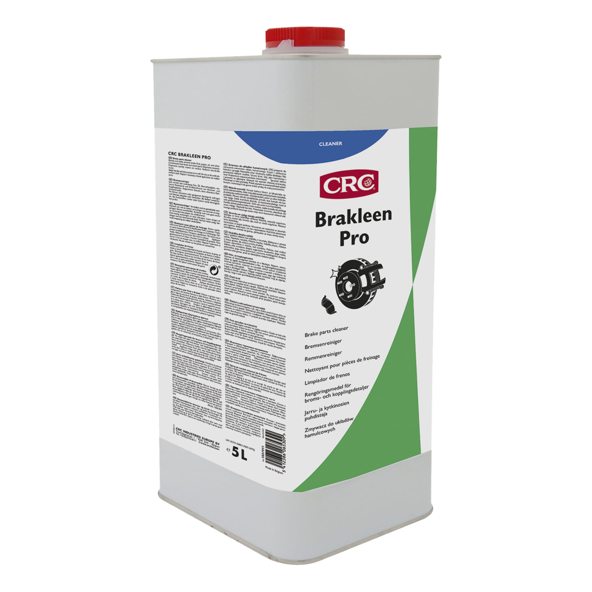 En 5-liters metall CRC Degreaser Bräkleen Pro-beholder med rød kork, detaljert produktetikett og en illustrasjon av bremseskive og kaliper foran.