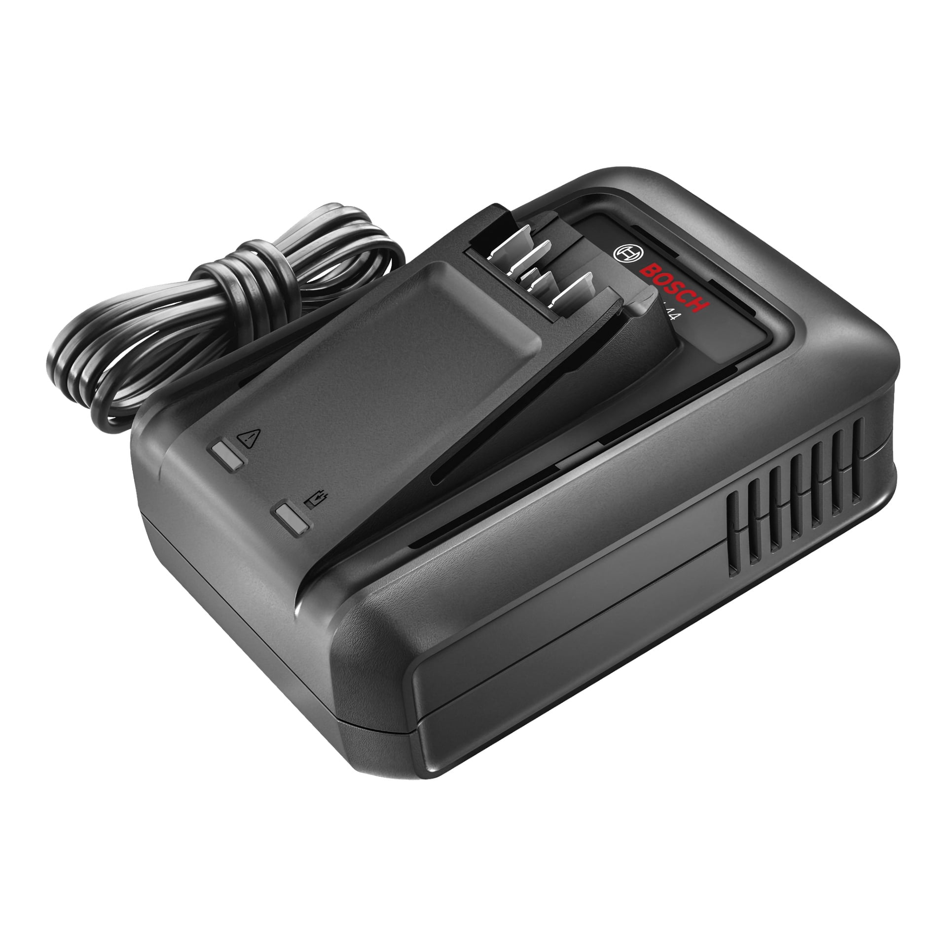 Ładowarka do baterii Bosch Power 4 All AL 18V-44 do elektronarzędzi, pokazana z zwiniętym kablem zasilającym, dedykowanym slotem do ładowania baterii, ikonami wskaźników na powierzchni oraz bocznymi otworami wentylacyjnymi.