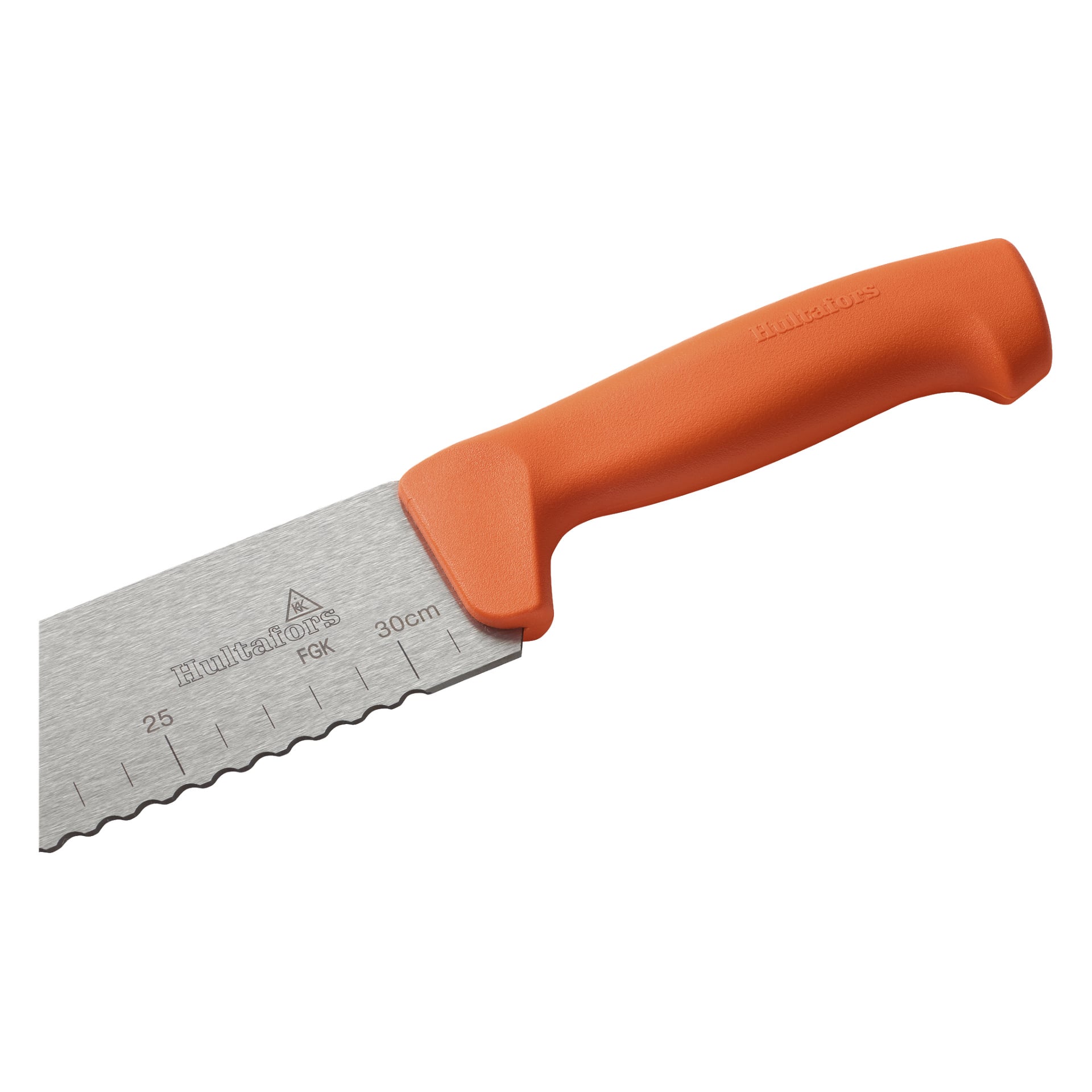 Hultaforsin mineraalivillaveitse, jossa on oranssi kahva ja 30 cm ruostumattomasta teräksestä valmistettu sahalaitainen terä, johon on merkitty senttimetrin mitta.