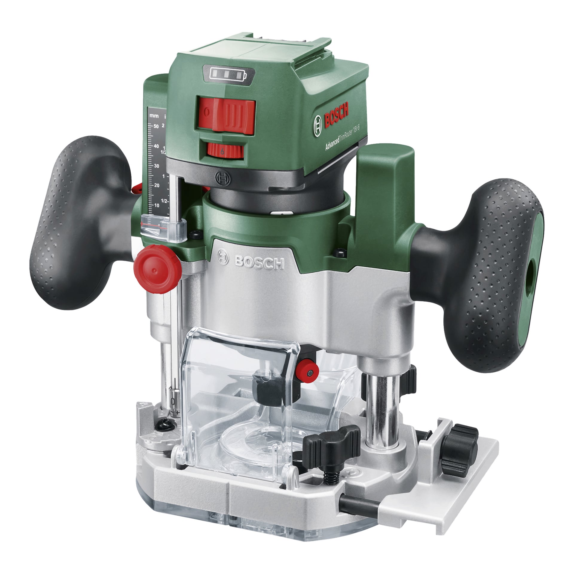 Der Bosch Power 4 All AdvancedTrimRouter 18V-8 Kombinationsrouter mit Fräser-Plunge Base zeigt ein grün-silbernes Design, ausgestattet mit zwei schwarz strukturierten Griffen, einem durchsichtigen Sockel und präzisen Verstellknöpfen. Dieses Werkzeug eignet sich für Holzbearbeitung und komplexe Fräsarbeiten.