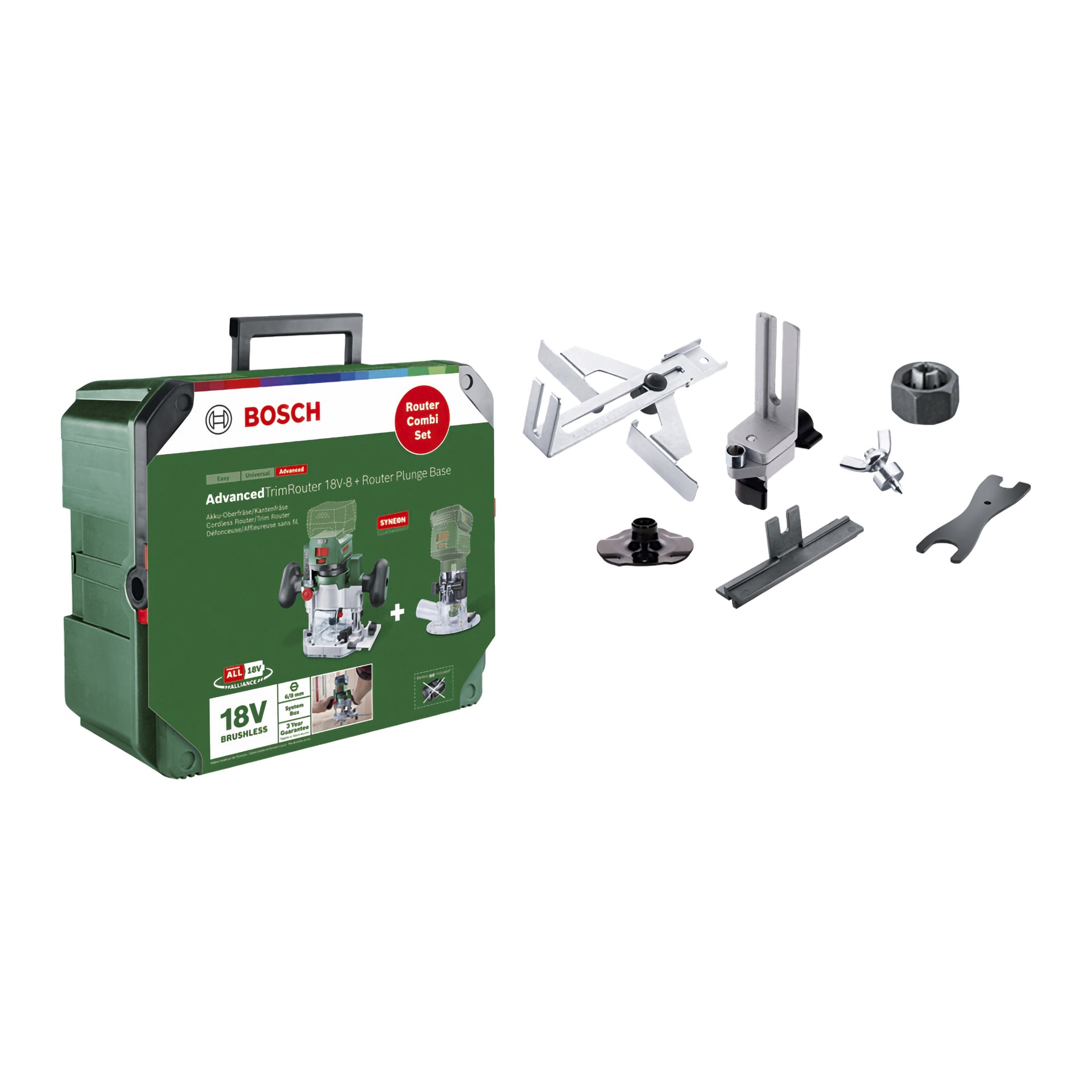 Ein Bosch Power 4 All-Combination Router AdvancedTrimRouter 18V-8 mit Fräser-Tauchbasis, begleitet von einer grünen Tragetasche und mehreren Metallzubehörteilen, alles ordentlich angeordnet.