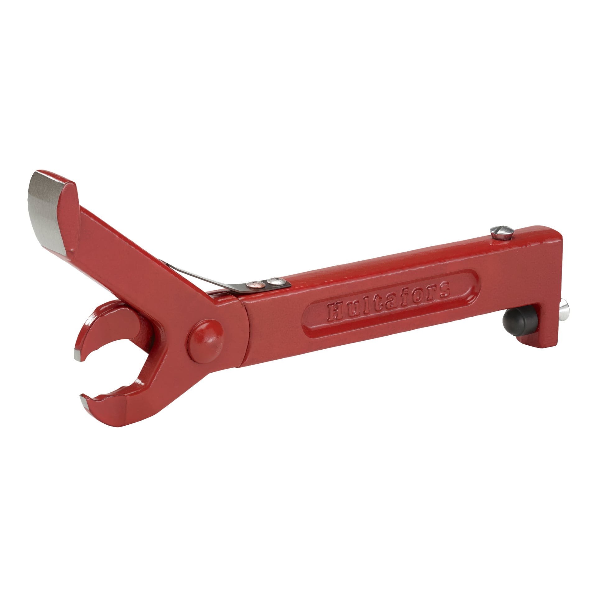Ein roter Hultafors-Metallnagelzieher mit gebogener Klaue, federbelastetem Mechanismus und dem "Hultafors"-Logo auf dem Griff eingraviert, gedacht zum Hebeln oder Öffnen.