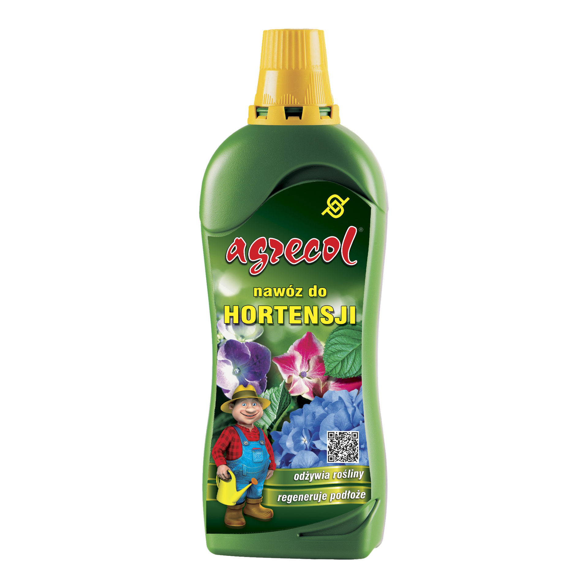 Zielona plastikowa butelka nawozu Agrecol Hydrangea z etykietą z kolorowymi kwiatami hortensji oraz kreskówkową postacią w ogrodniczkach trzymającą konewkę.