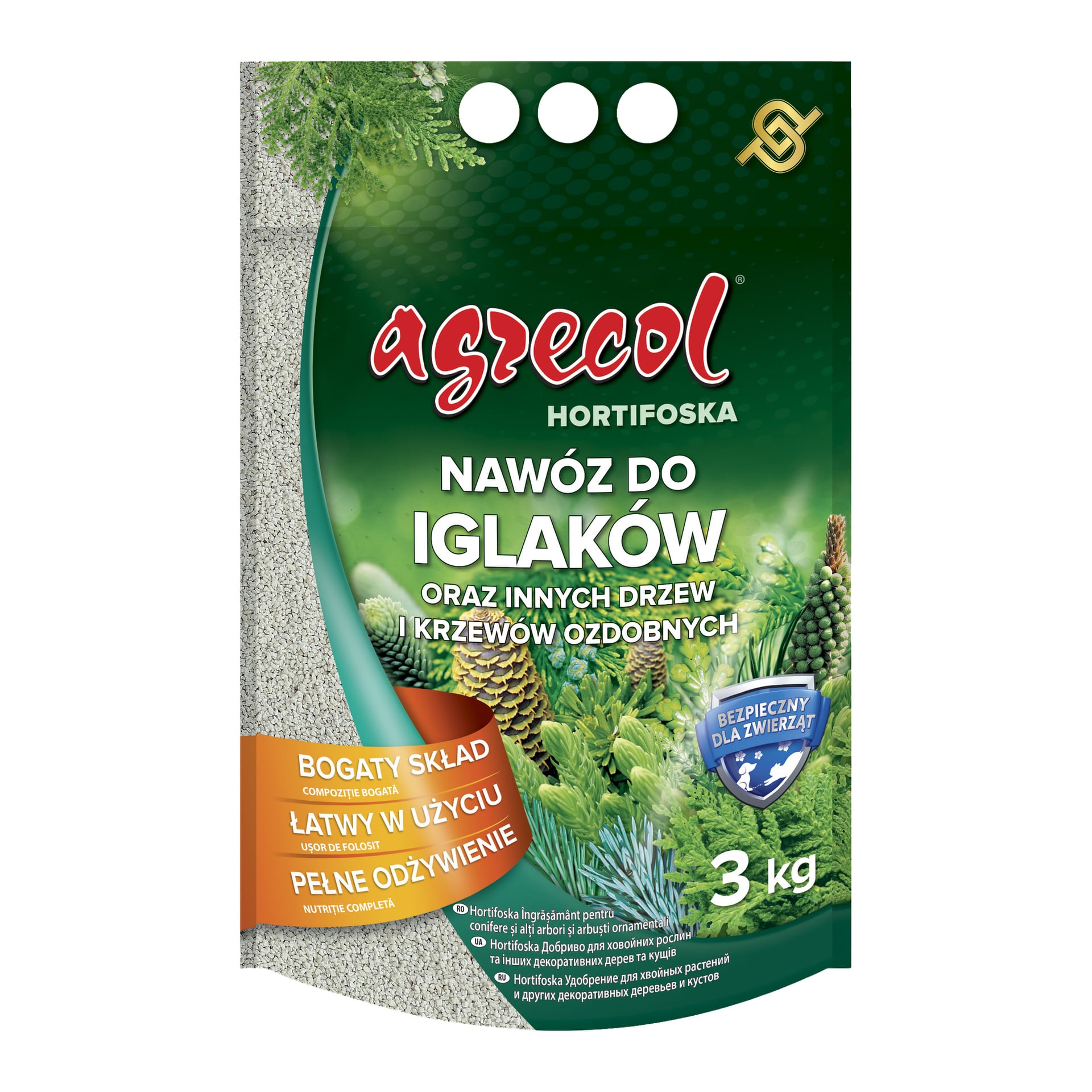Worek nawozu mineralnego Agrecol Mineral dla drzew iglastych, Hortifoska. Zielone opakowanie zawiera obrazy szyszek i igieł oraz tekst podkreślający takie cechy jak zawartość składników odżywczych i bezpieczeństwo zwierząt.
