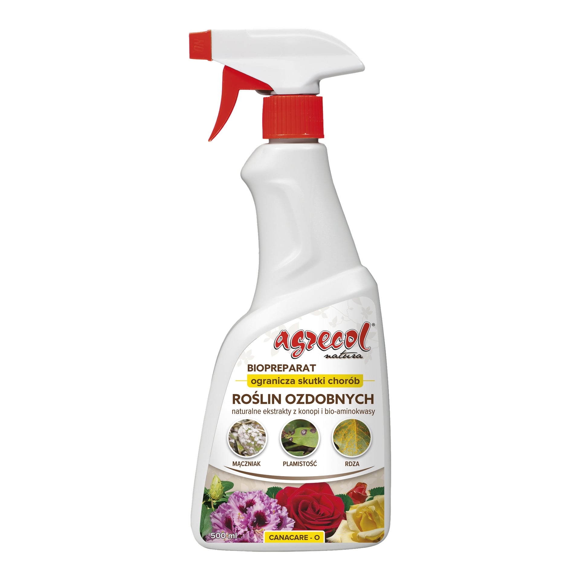 Biała butelka z rozpylaczem Agrecol Fungicide o pojemności 500 ml, z obrazami roślin ozdobnych i symbolami powszechnych chorób roślin, z tekstem podkreślającym naturalne ekstrakty i bioaminokwasy.