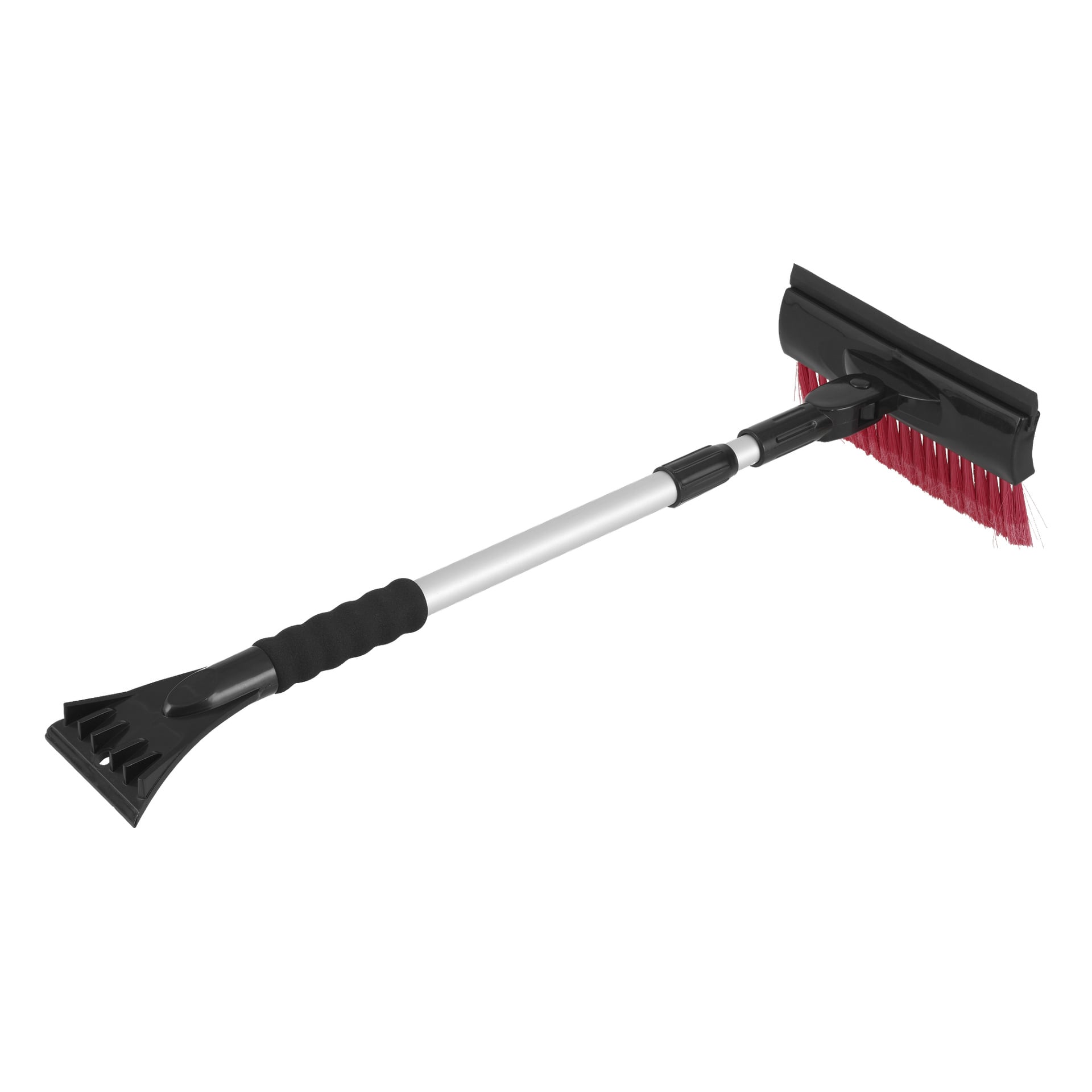 Hamron Telescopic Snow Brush mit Eisschaber hat einen schwarzen Griff, rote Borsten auf einer Seite zum Schneeräumen und am gegenüberliegenden Ende einen schwarzen Eisschaber, um Eis von Fahrzeugen zu entfernen.