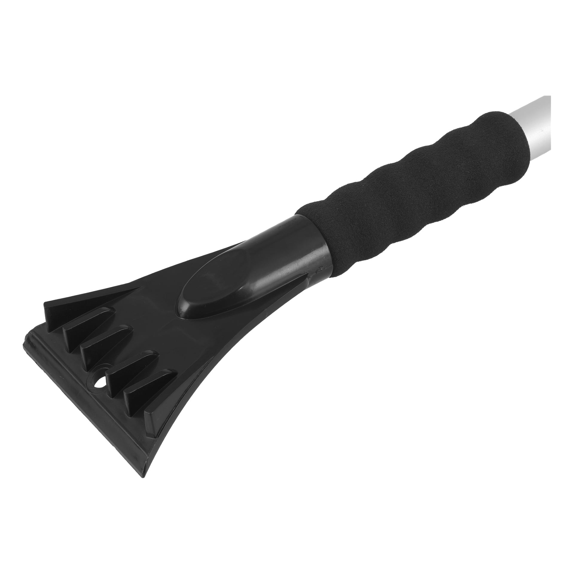 Der Hamron Teleskopische Schneebürste mit Eisschaber ist ein schwarzes Kunststoffwerkzeug mit einem schaumstoffgepolsterten Griff, das dazu dient, Eis und Frost schnell von Autofenstern zu entfernen.