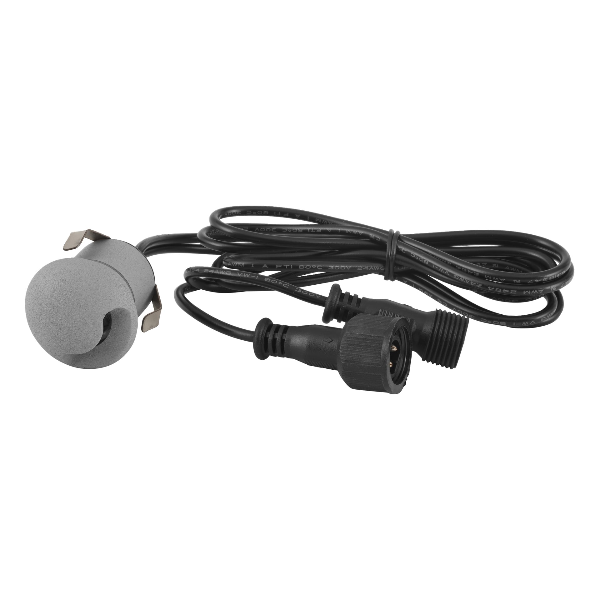 Ein aufgewickeltes schwarzes Anslut Steplights Connectable System Verlängerungskabel zeigt an einem Ende zwei Stecker und am anderen einen grauen, runden Befestigungsteil mit Metallklammern. Kommt in einem Viererpack.