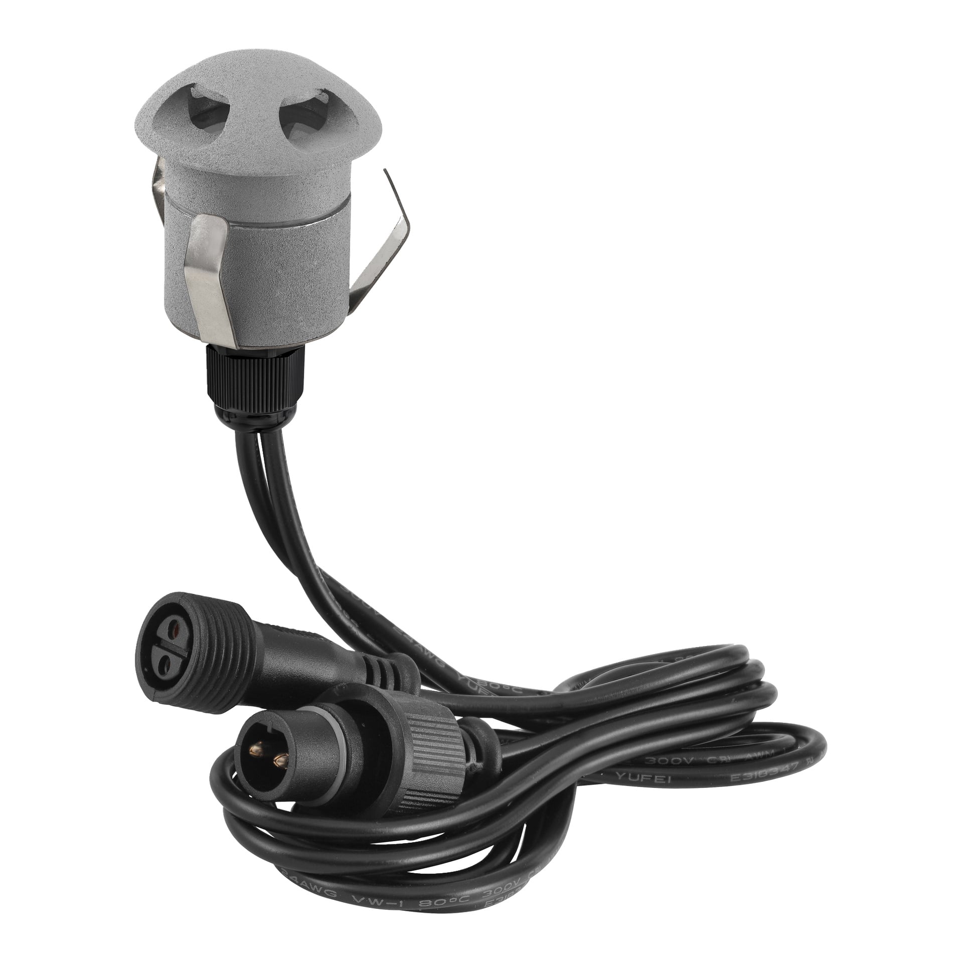 Pakiet Anslut Steplights Connectable System 4 zawiera małe, cylindryczne, wpuszczane lampy LED z szarymi obudowami, metalowe klipsy mocujące oraz czarne kable zasilające z okrągłymi złączami.