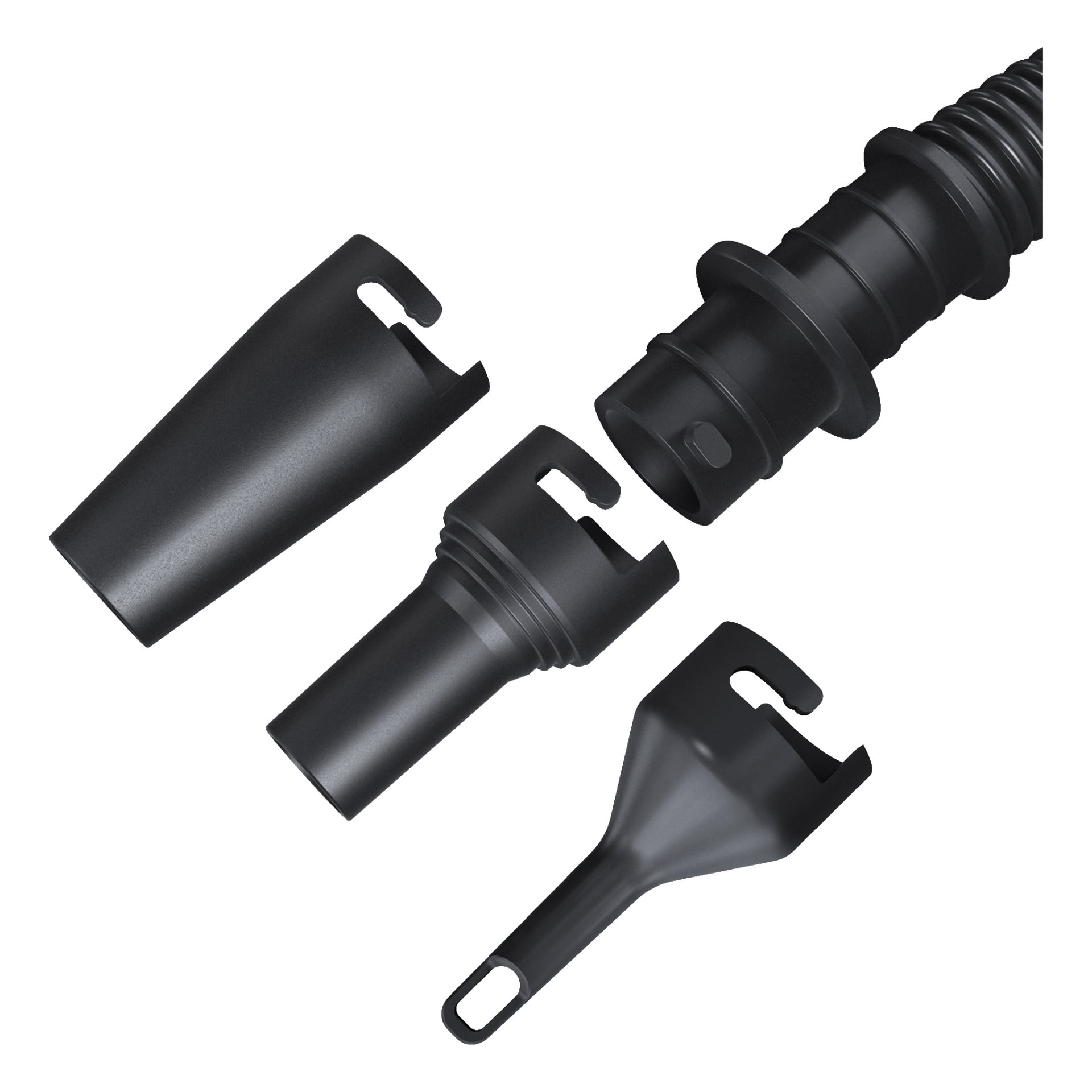 Vier schwarze Aufsätze, die für die Bosch Power 4 All EasyInflate 18V-500 Luftpumpe entworfen wurden, sind ordentlich aufgestellt. Jedes Teil ist für einen bestimmten Aufblaszweck gefertigt und enthält einen Verbinder für eine schnelle und einfache Befestigung.