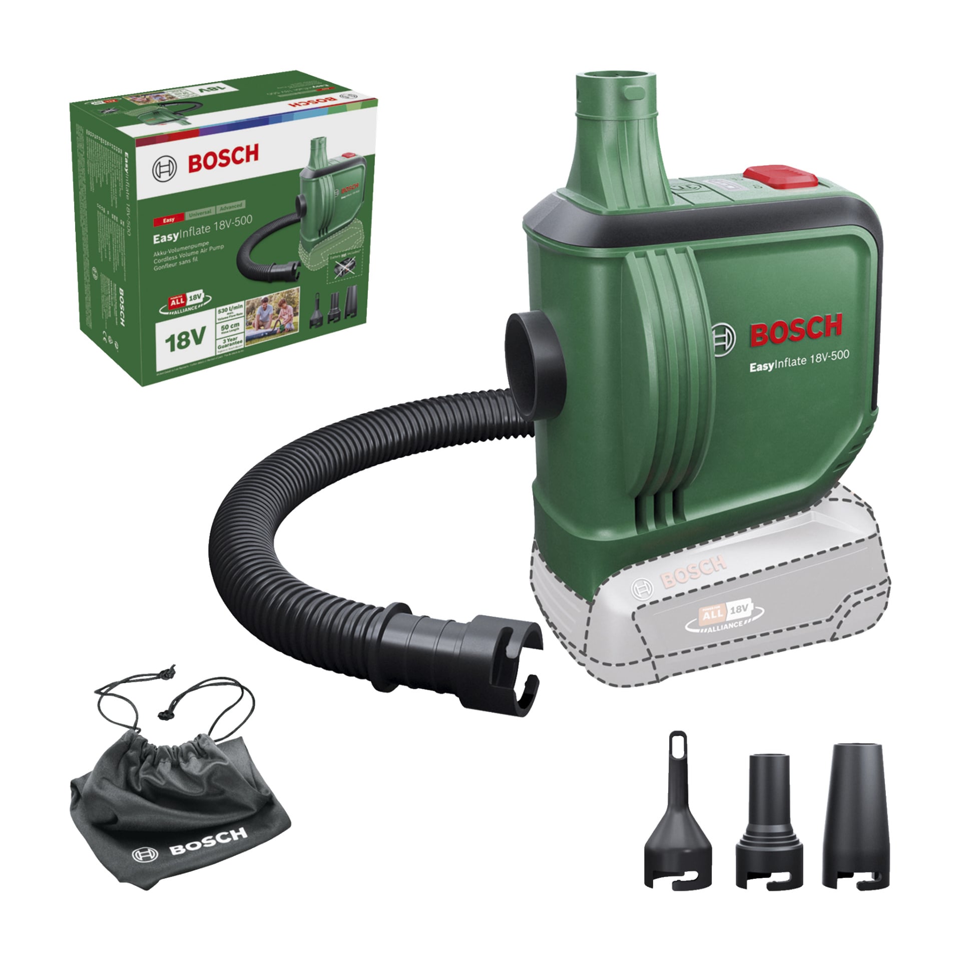 Eine Bosch Power 4 All EasyInflate 18V-500 akkulose Luftpumpe ist mit Batteriefach, Schlauch, drei verschiedenen Düsen, einer Tragetasche und der originalen Verpackungsbox zu sehen. Das Set enthält keine Batterie.