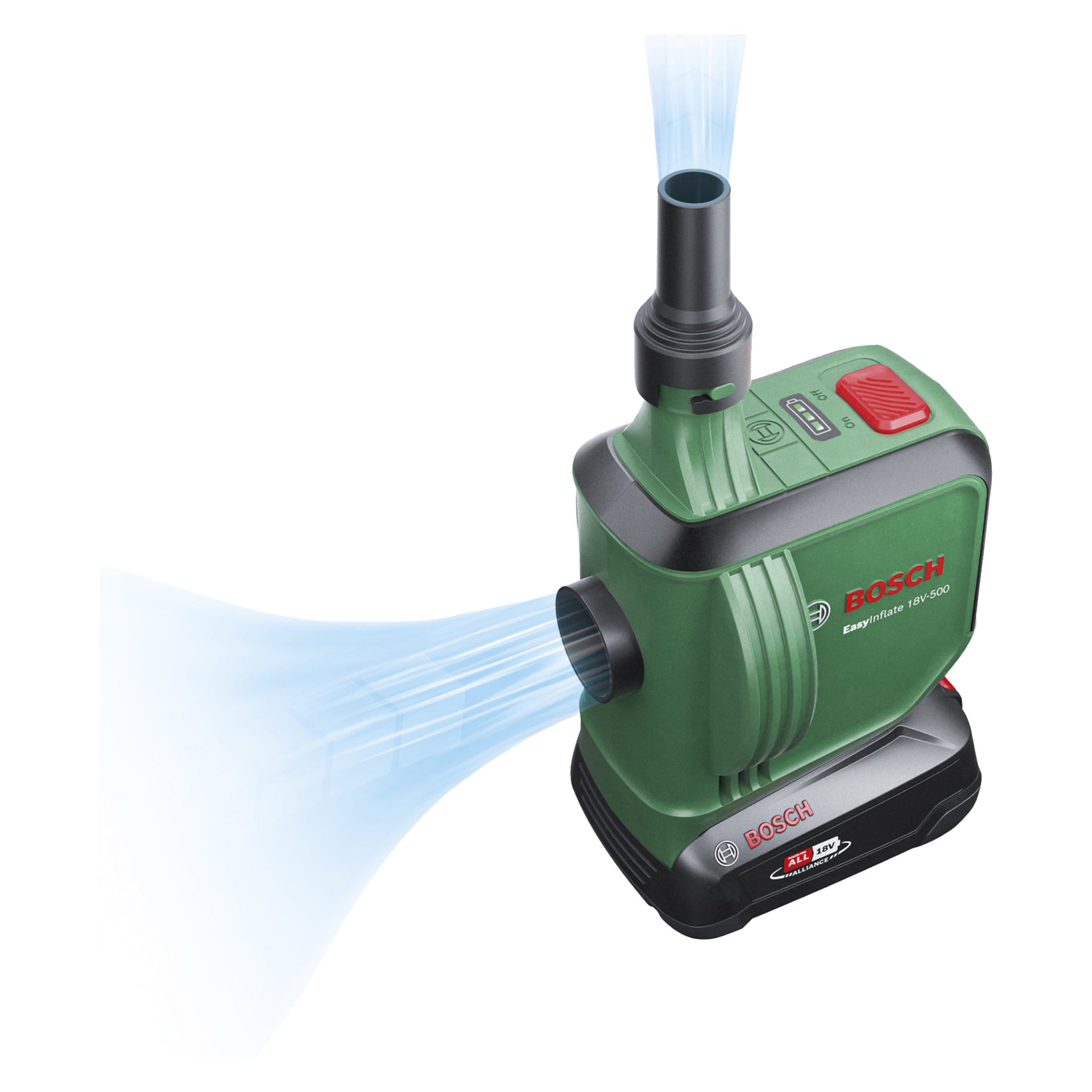 Eine grüne Bosch Power 4 All EasyInflate 18V-500 akkulose Luftpumpe mit schwarzer Basis und rotem Power-Button, die blaue Grafik-Luftströme aus den oberen und seitlichen Düsen zeigt.