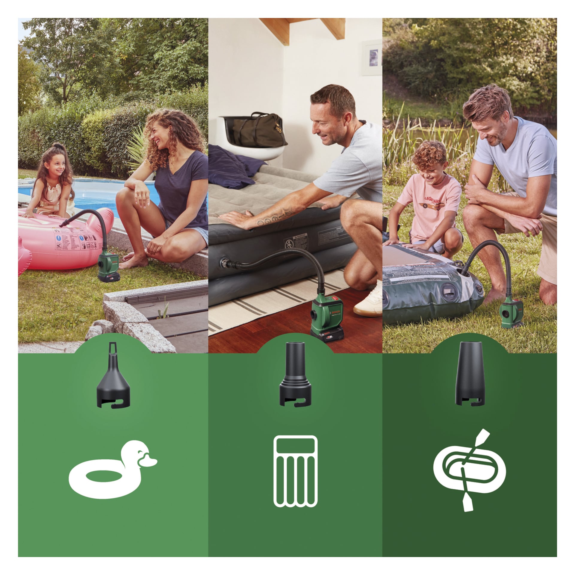 In drei Panels nutzen Erwachsene und Kinder die Bosch Power 4 All EasyInflate 18V-500 Luftpumpe, um einen Schwimmbad, eine Luftmatratze und ein aufblasbares Kajak aufzupumpen. Unter jedem Panel befinden sich Symbole, die das aufgeblasene Gerät sowie kompatible Düsenaufsätze zeigen.