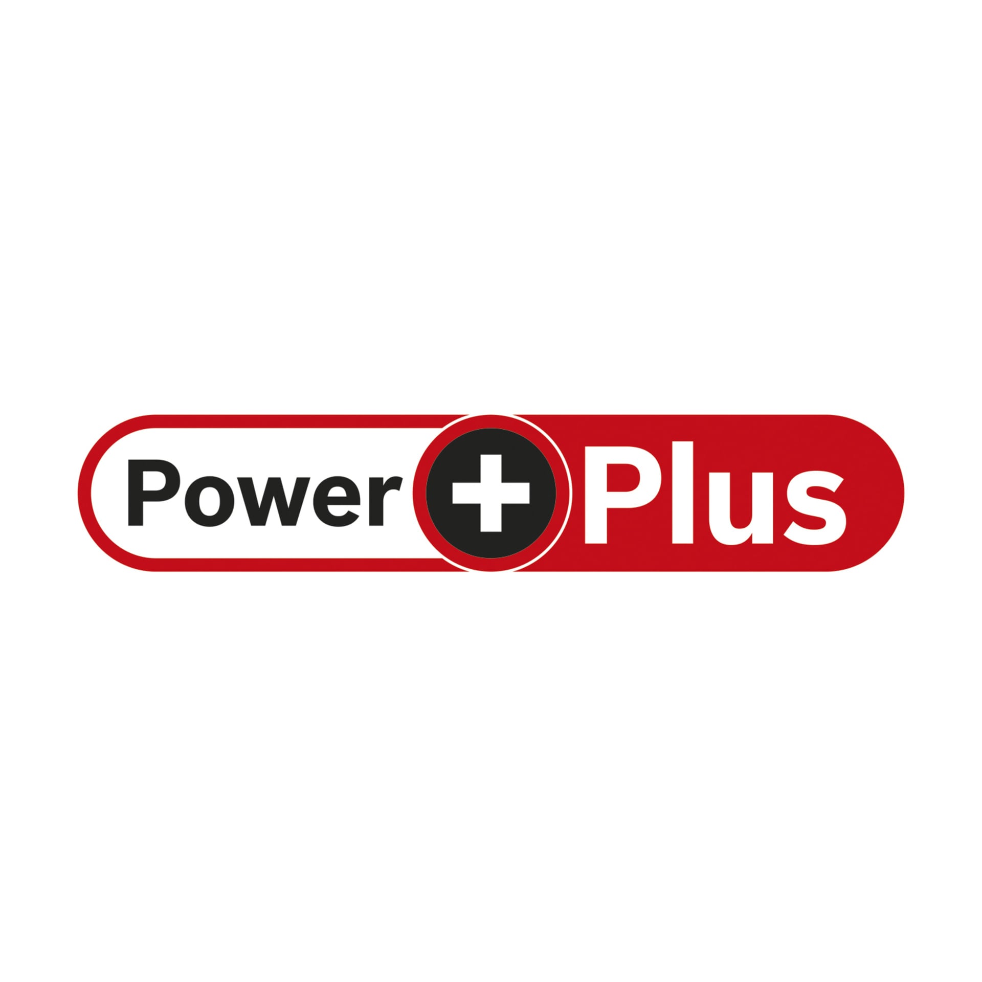 Wyświetlane jest logo Bosch Power 4 All Battery Power Plus. Słowo "Power" jest napisane białymi literami na czerwonym tle, a "Plus" napisane czerwienią na białym tle. Pomiędzy nimi czarne koło zawiera biały symbol plus.