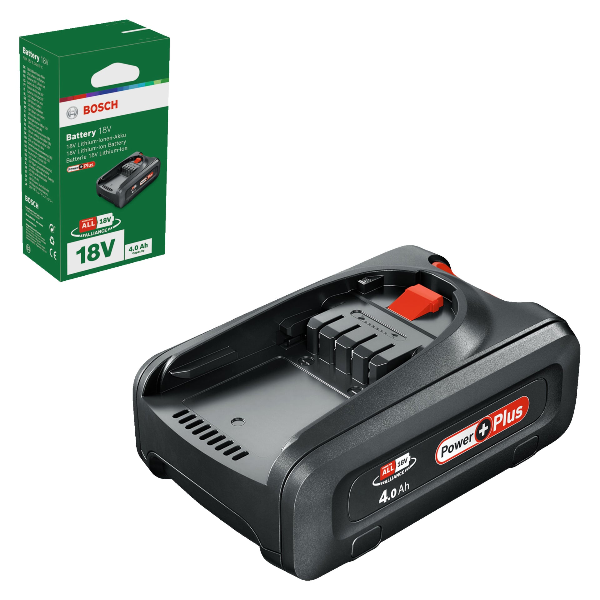 Ładowarka Bosch Power 4 All Battery Power Plus 18V 4.0Ah z czarną, wentylowaną obudową i czerwonym przyciskiem znajduje się obok skrzynki na baterie 18V, przeznaczonej do ładowania odpowiednich baterii elektronarzędzi.