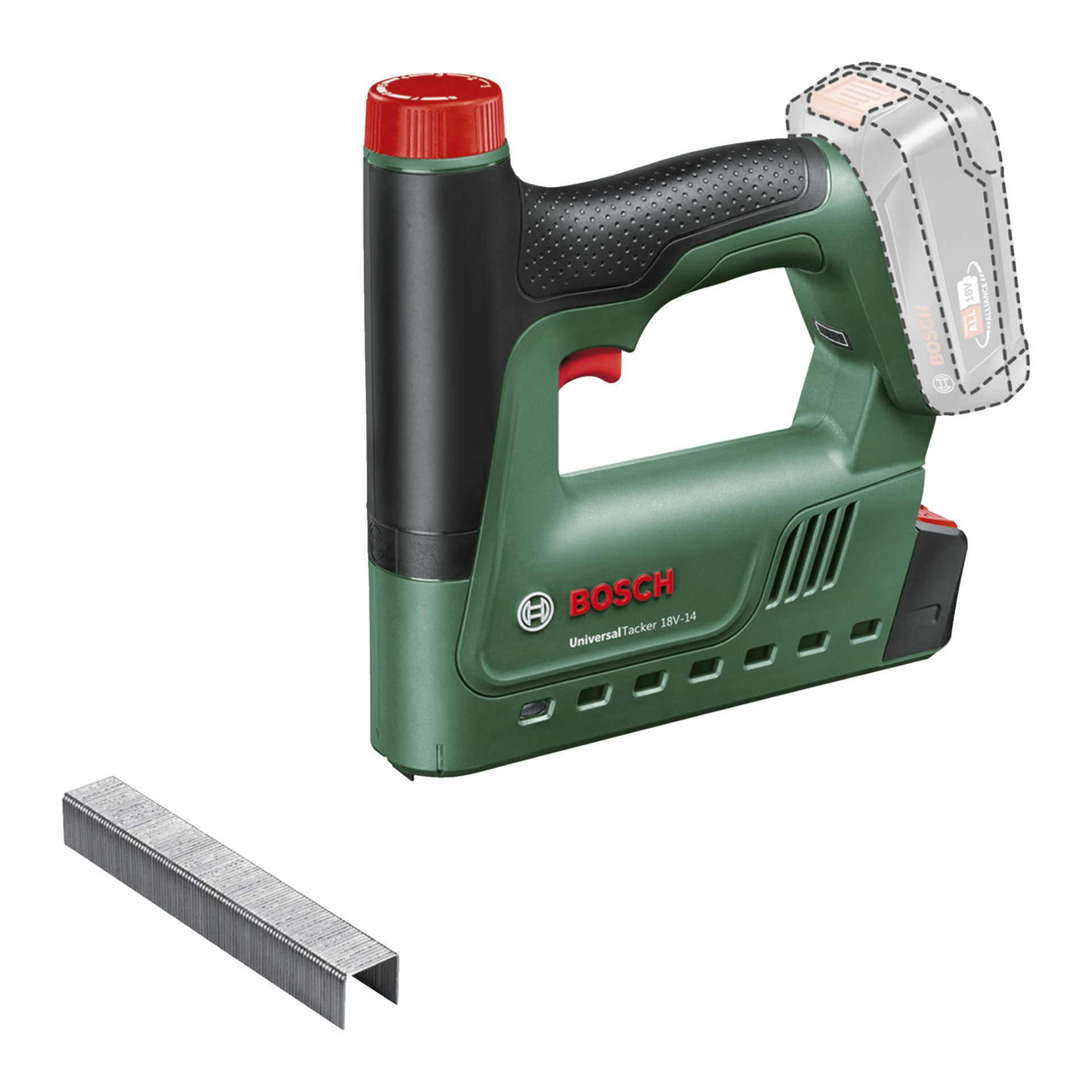Eine grün-schwarze Bosch Power 4 All UniversalTacker 18V-14 akkulose Klammer- und Nagelpistole mit rotem Deckel ist ohne Batterie ausgestellt, begleitet von einem Streifen Metallklammern, der davor angebracht ist.