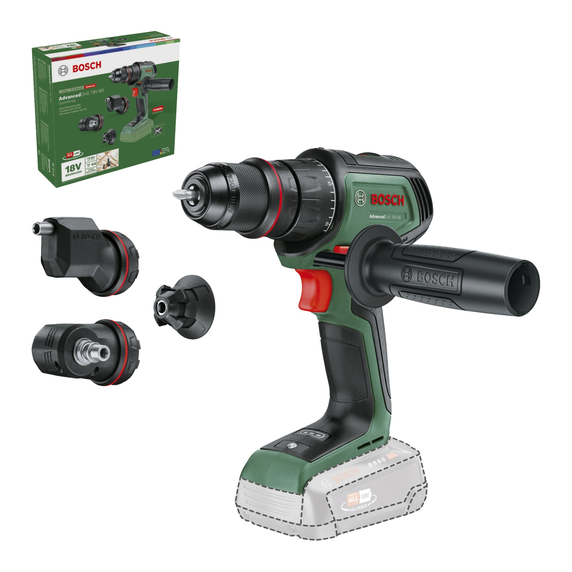 Bosch Power 4 All AdvancedDrill 18V-80 harjaton ruuvimeisselissä on sivukahva, kolme erilaista lisäosaa ja alkuperäisen kotelon. Porakone on esitetty ilman paristoa kiinnitettynä. Siinä on vihreä-musta kuvio punaisilla korostuksilla.