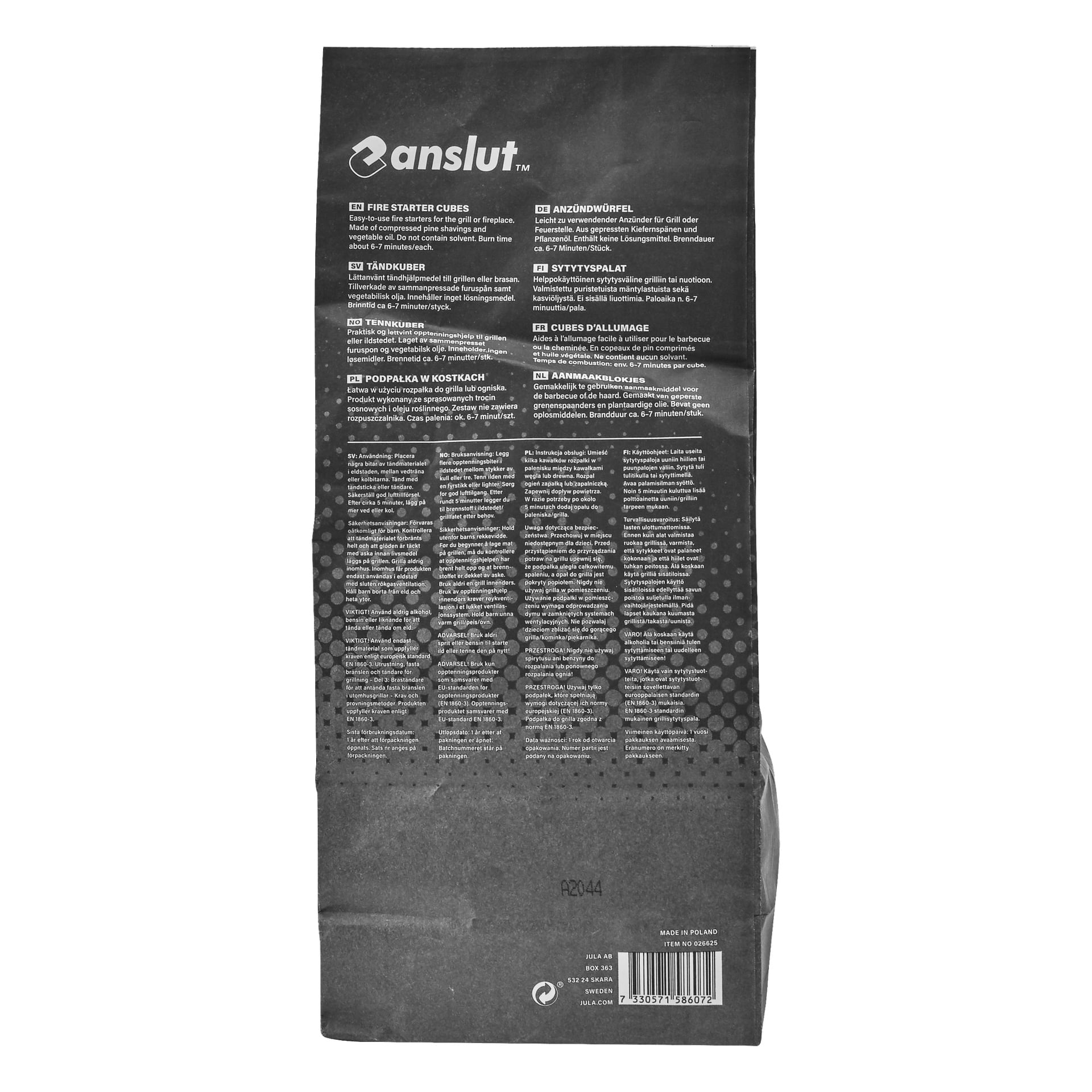 Ein Schwarzweißfoto eines Anslut Fire Starterwürfels 72er Packs, mit Produktdetails auf der Verpackung. In der unteren rechten Ecke des Kartons befindet sich ein Barcode.