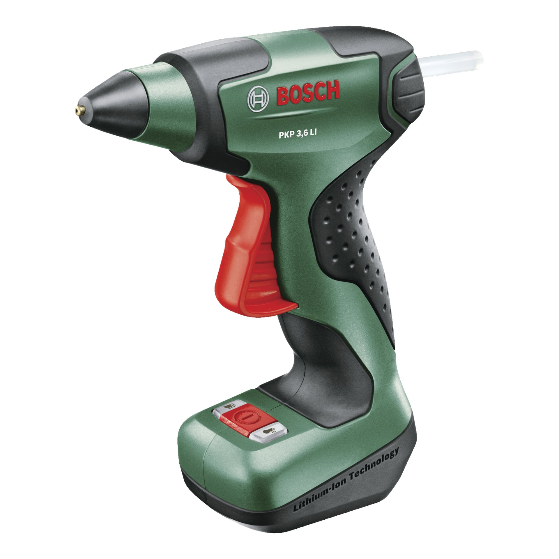 Bosch batteridrivna limpistol PKP 3.6 LI har en grön och svart design, en röd avtryckare, en strömknapp nära basen och laddar limstiftet bakifrån.