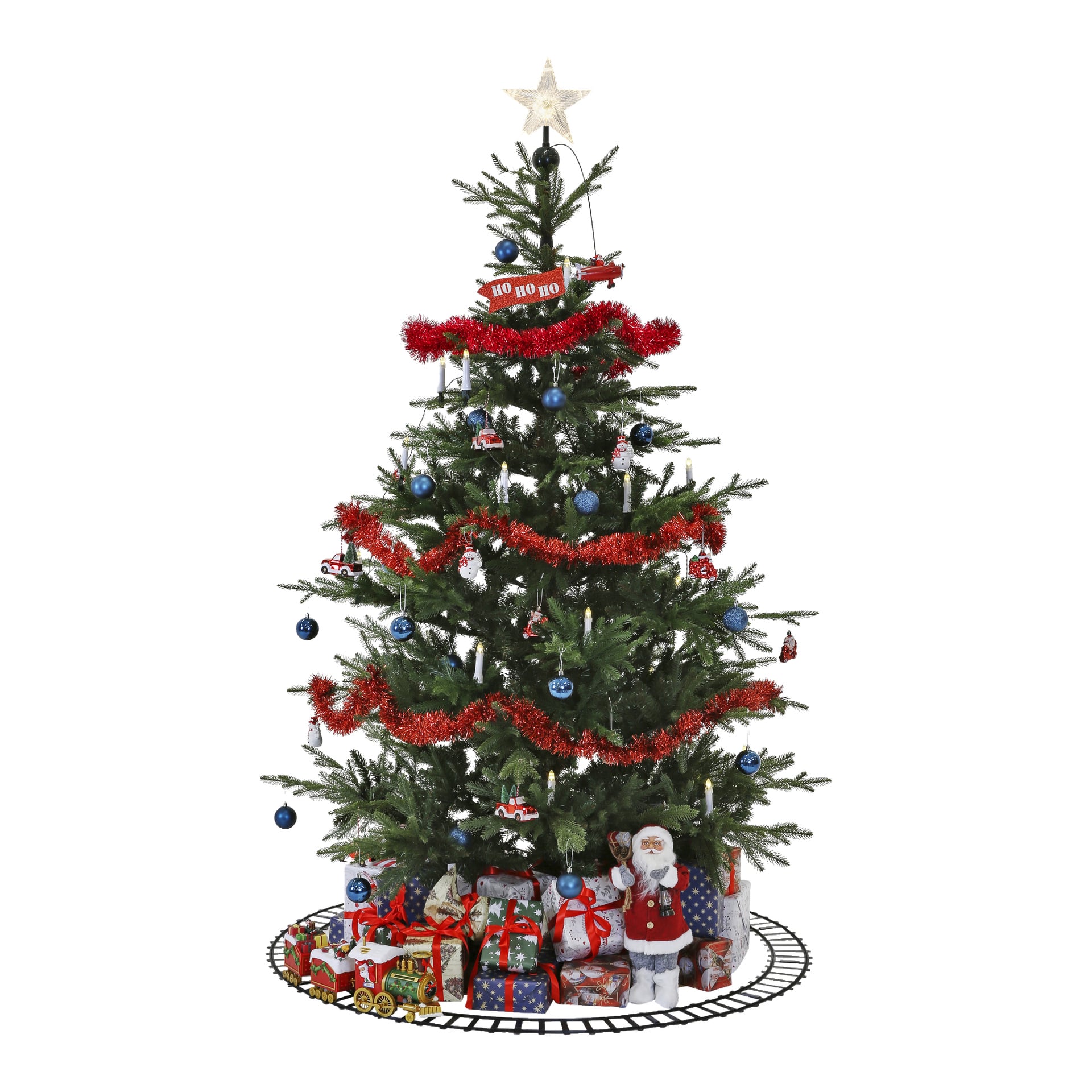 Ein geschmückter Weihnachtsbaum steht umgeben vom EKVIP-Weihnachtszug, mit verpackten Geschenken und einer Weihnachtsmannfigur am Fuß. Die Äste sind mit rotem Lametta, blauen Ornamenten geschmückt und mit einem leuchtenden Stern bedeckt.