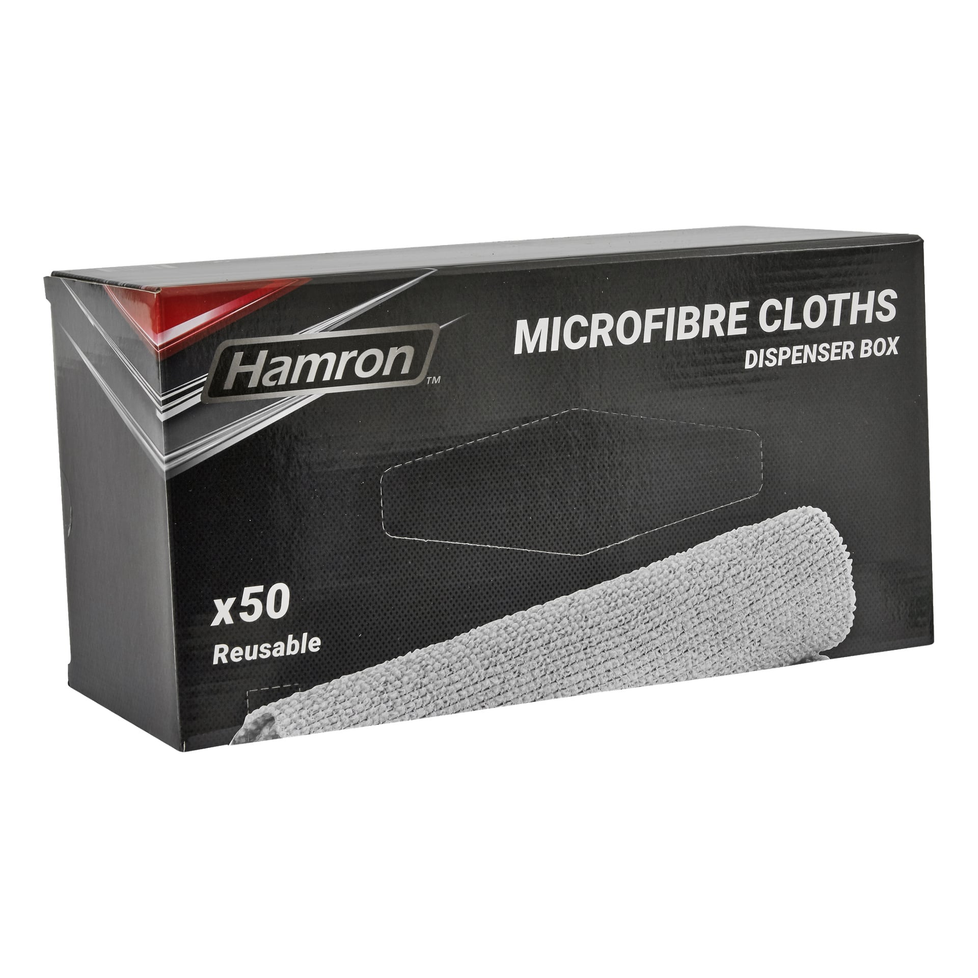 En svart låda med orden "Microfibre cloths 50 pack" och "Hamron", innehållande 50 återanvändbara tyger. Förpackningen visar en närbild av en grå mikrofiberduk, som betonar varumärke och kvantitet.