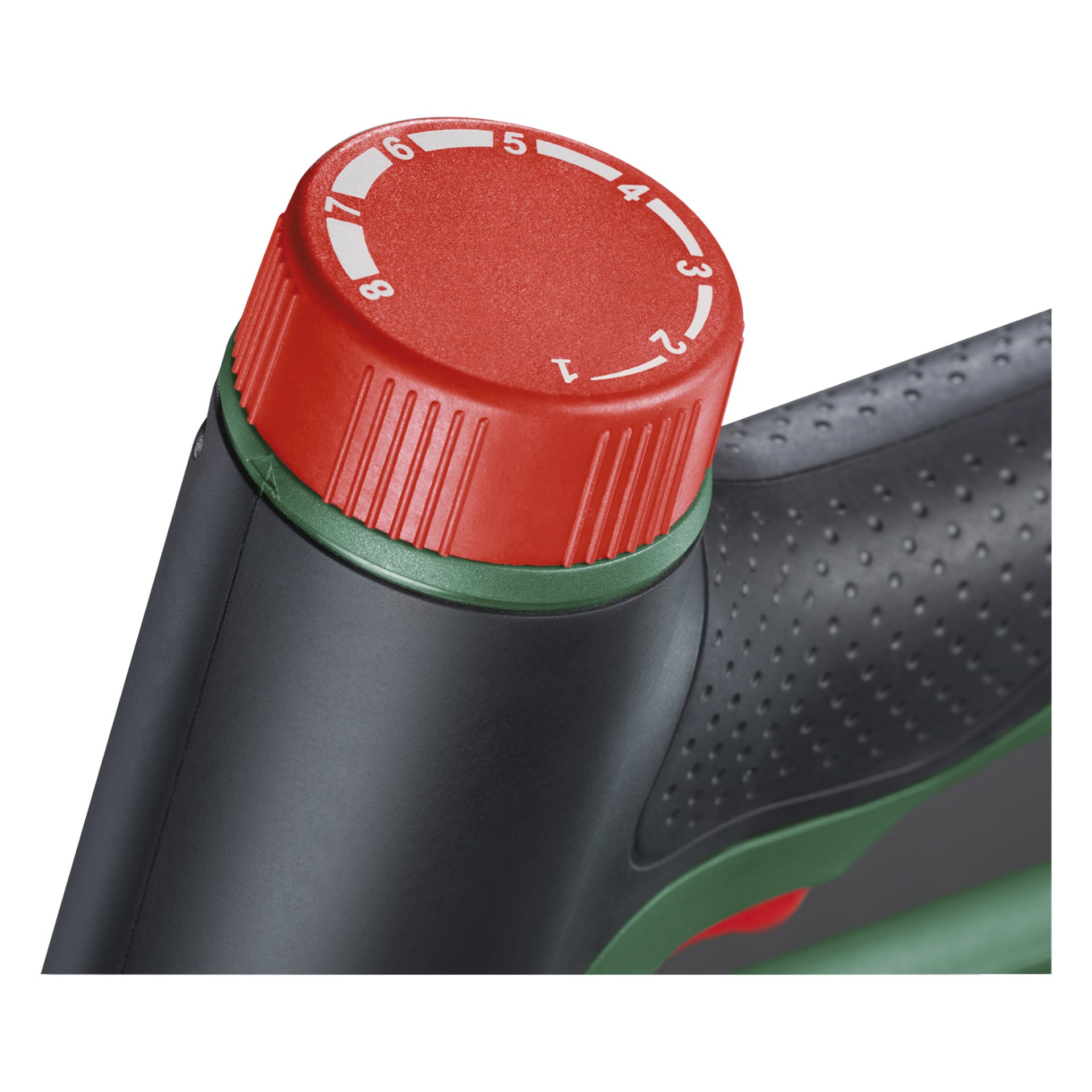 Eine detaillierte Ansicht eines roten Zifferblatts mit den Nummern 1 bis 7, das sich auf dem schwarz-grün strukturierten Gehäuse einer Bosch Power 4 All UniversalTacker 18V-14 batteriebetriebenen Klammer-/Nagelpistole befindet, die zur Einstellung der Betriebseinstellungen verwendet wird.