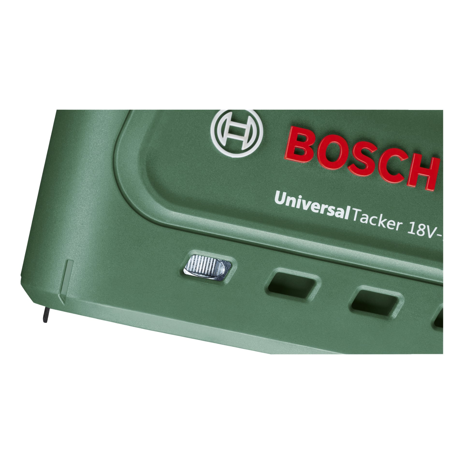 Detaillierte Ansicht einer grünen, batteriebetriebenen UniversalTacker 18V-14 Tacker und Nagelpistole von Bosch Power 4, mit einem Teil des Bosch-Logos, einem kleinen Metallschalter und Luftauslässen am Gehäuse.