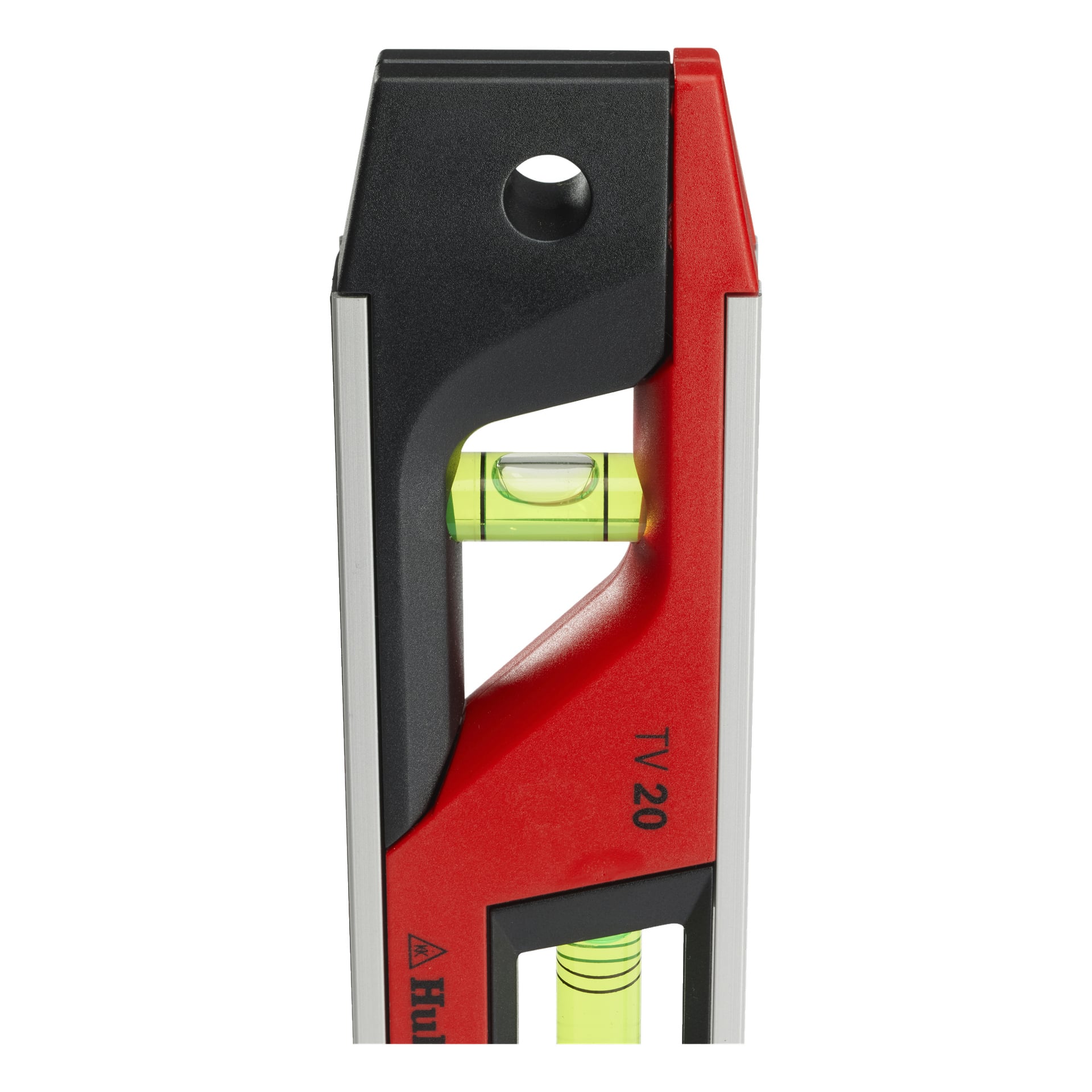 Eine Nahaufnahme eines Hultafors Torpedo Spirit Level TV20 hebt seine roten und schwarzen Farben sowie zwei Blasenphiolen zum horizontalen und vertikalen Messen hervor. Oben befindet sich ein Hängeloch, und die Modellnummer TV20 ist an der Seite zu sehen.