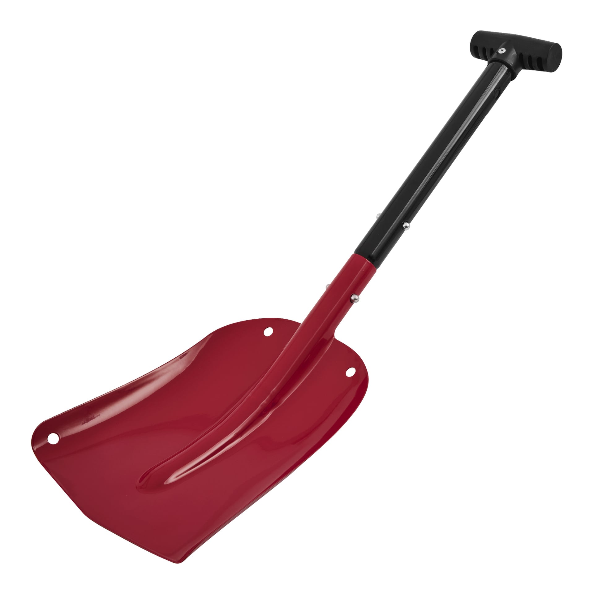 Hamron Collapsible Snow Shovel har et rødt og svart fargeskjema, et bredt flatt blad og et justerbart T-formet håndtak som kan legges sammen for enkel oppbevaring, egnet for å rydde snø eller grave.