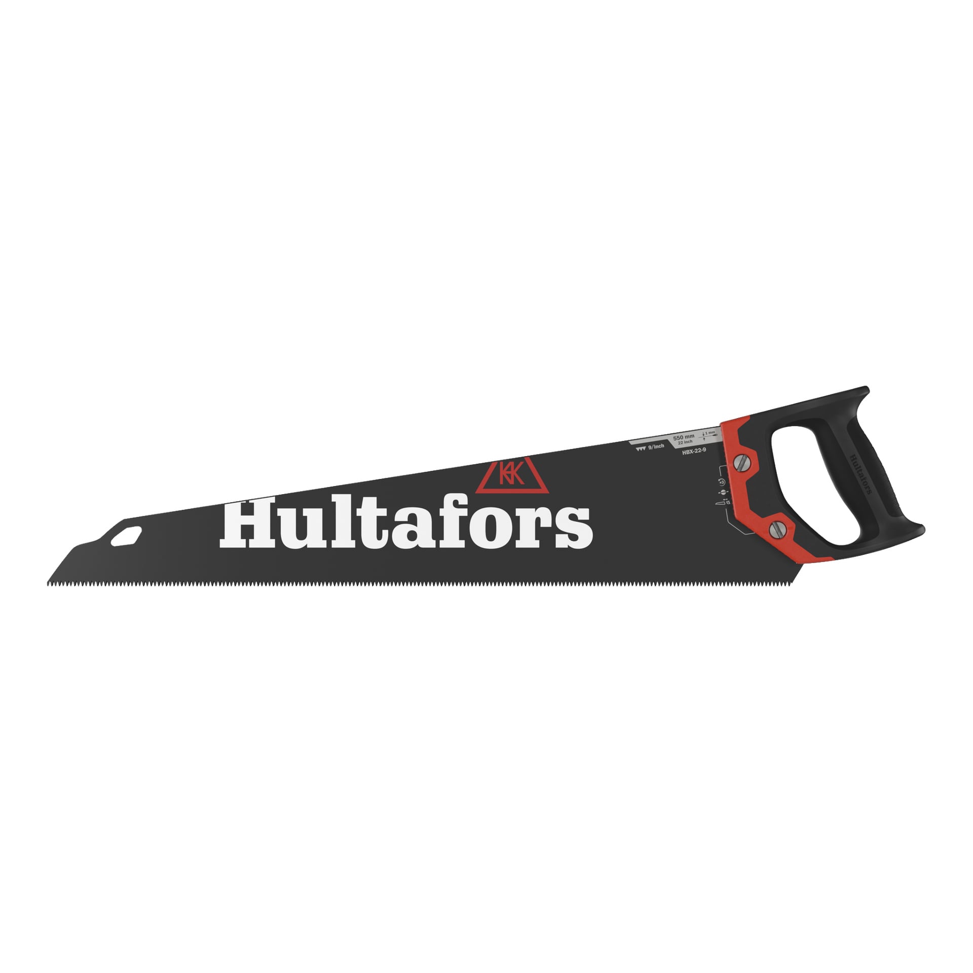 Hultafors Handsaw HBX z ząbkowanym ostrzem, ergonomiczną rękojeścią oraz marką "Hultafors" wyraźnie wydrukowaną białą na ostrzu.