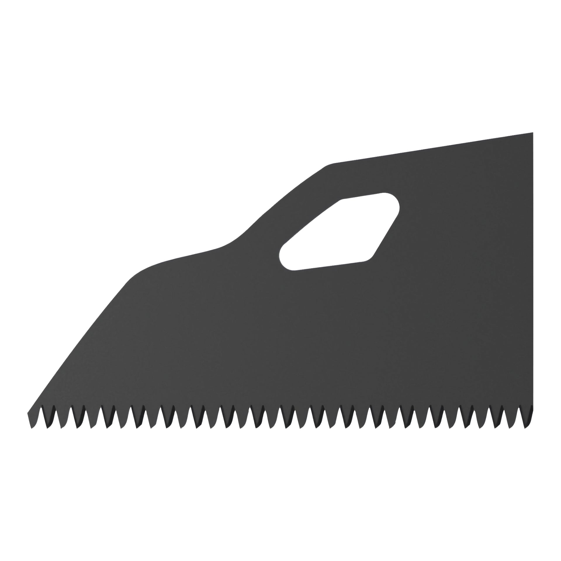 Zbliżenie na Hultafors Handsaw HBX, pokazujące jej ostro ząbkowane czarne ostrze z kanciastym wycięciem przypominającym okno pojazdu.