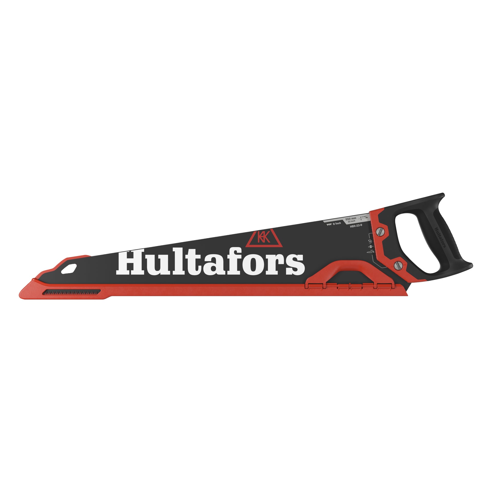 Hultafors Handsaw HBX z czarną osłoną ostrza z wyraźnym białym napisem "Hultafors", uzupełnionym czerwonymi akcentami i ergonomiczną czarną rękojeścią.