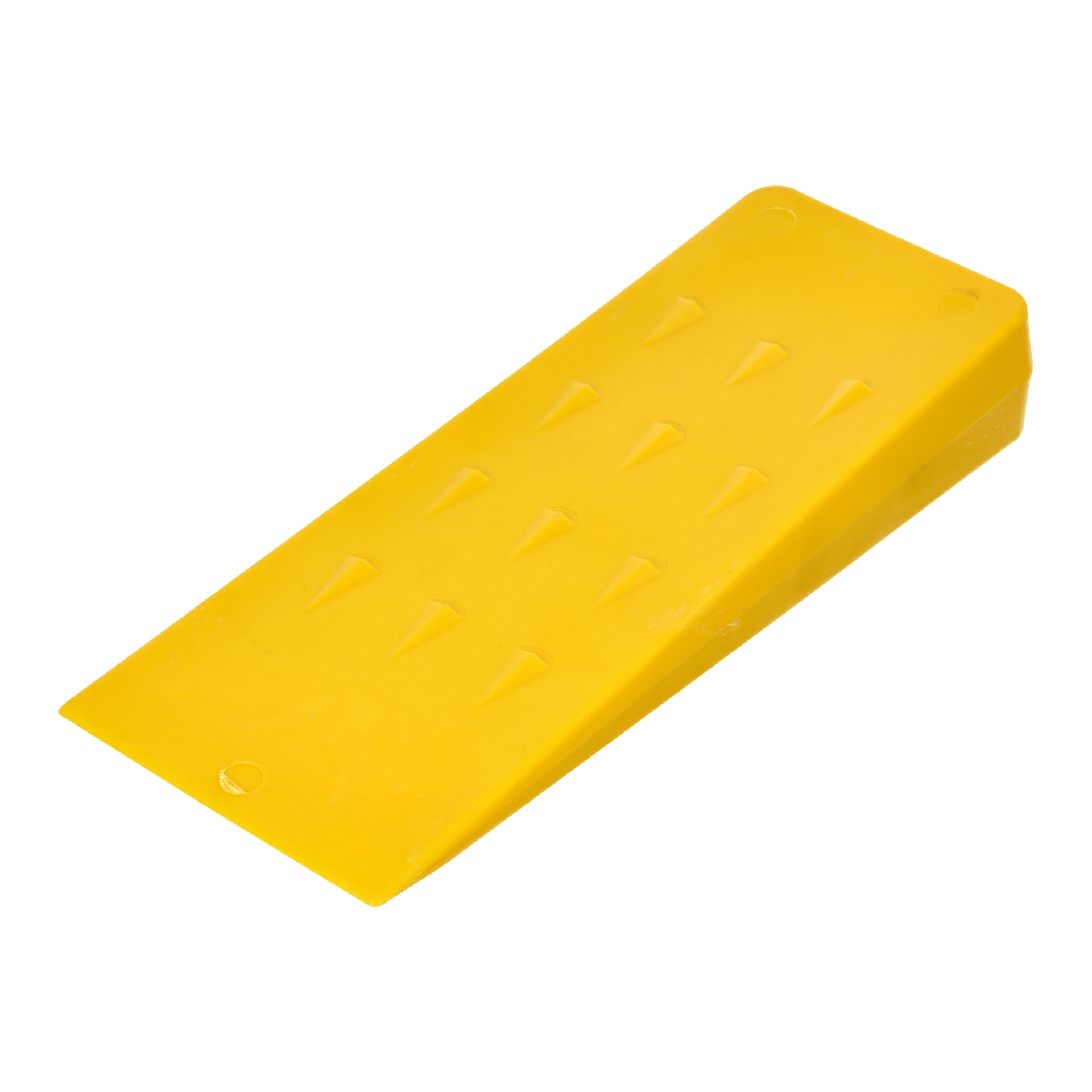 Ein gelber Kunststoff-Fellkeil von Meec Tools, mit einem konischen Design und strukturierten dreieckigen Griffen an der Oberseite, der dazu gedacht ist, Fahrzeuge stillzuhalten.