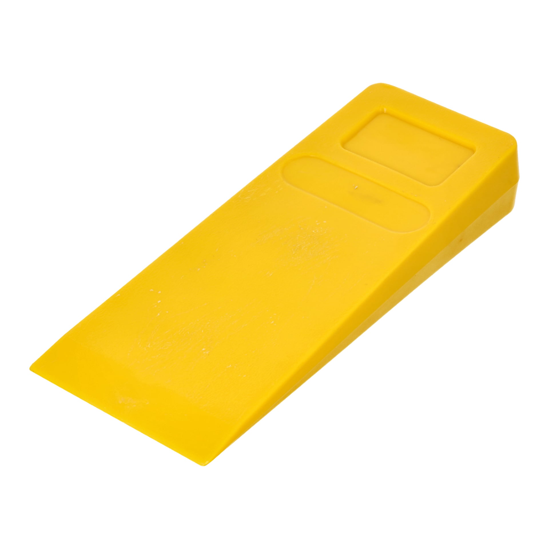Ein gelber Kunststoff-Meec Tools Fellkeil mit rechteckiger Vertiefung nahe dem breiteren Ende.