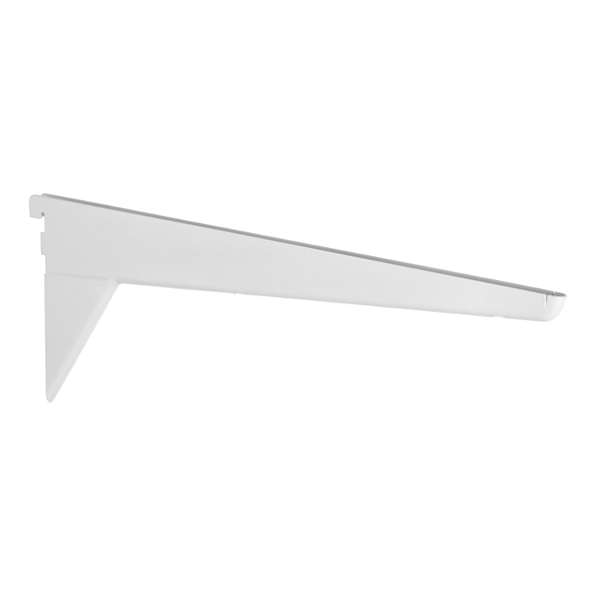 Et hardt hodeforsterket brakett med hvit finish, med et rett og enkelt design, én monteringsende og en støttearm.