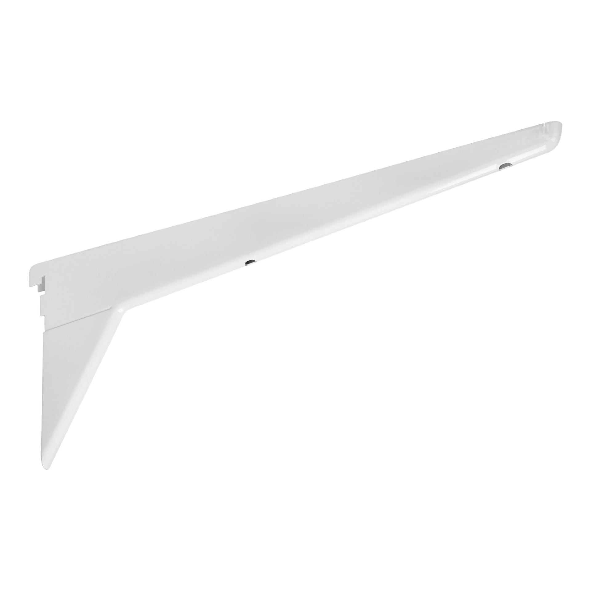 Hard Head Reinforced Bracket er en metallhyllestøtte i hvitt, med en solid diagonal forsterkning for vegginstallasjon. Den ene enden har et spor for å forenkle monteringen, og braketten er ferdigstilt med et slankt, polert utseende.